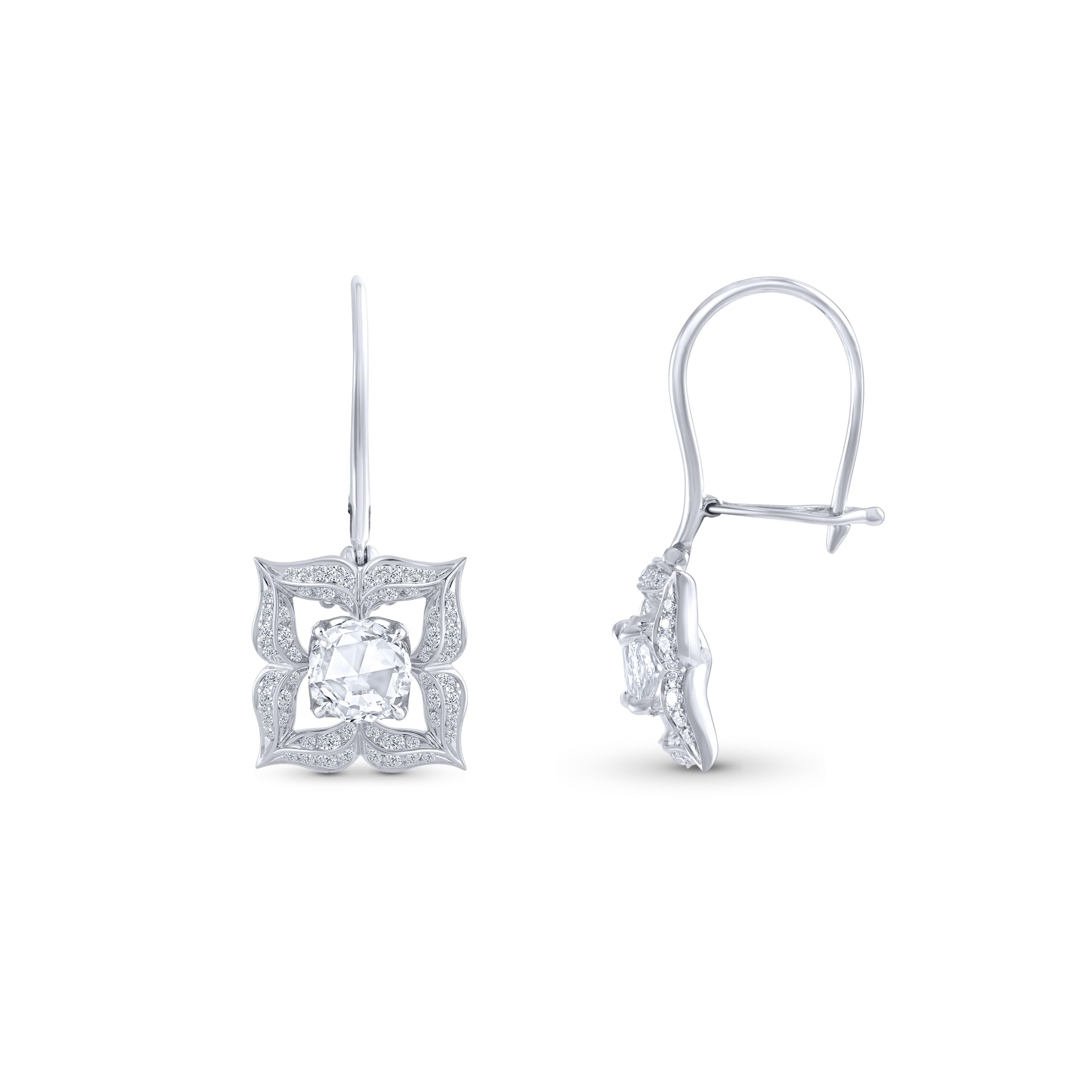 Contemporary Harakh 0.95 Carat Brilliant and Rose Cut Diamond 18 Kt White Gold Earrings For Sale