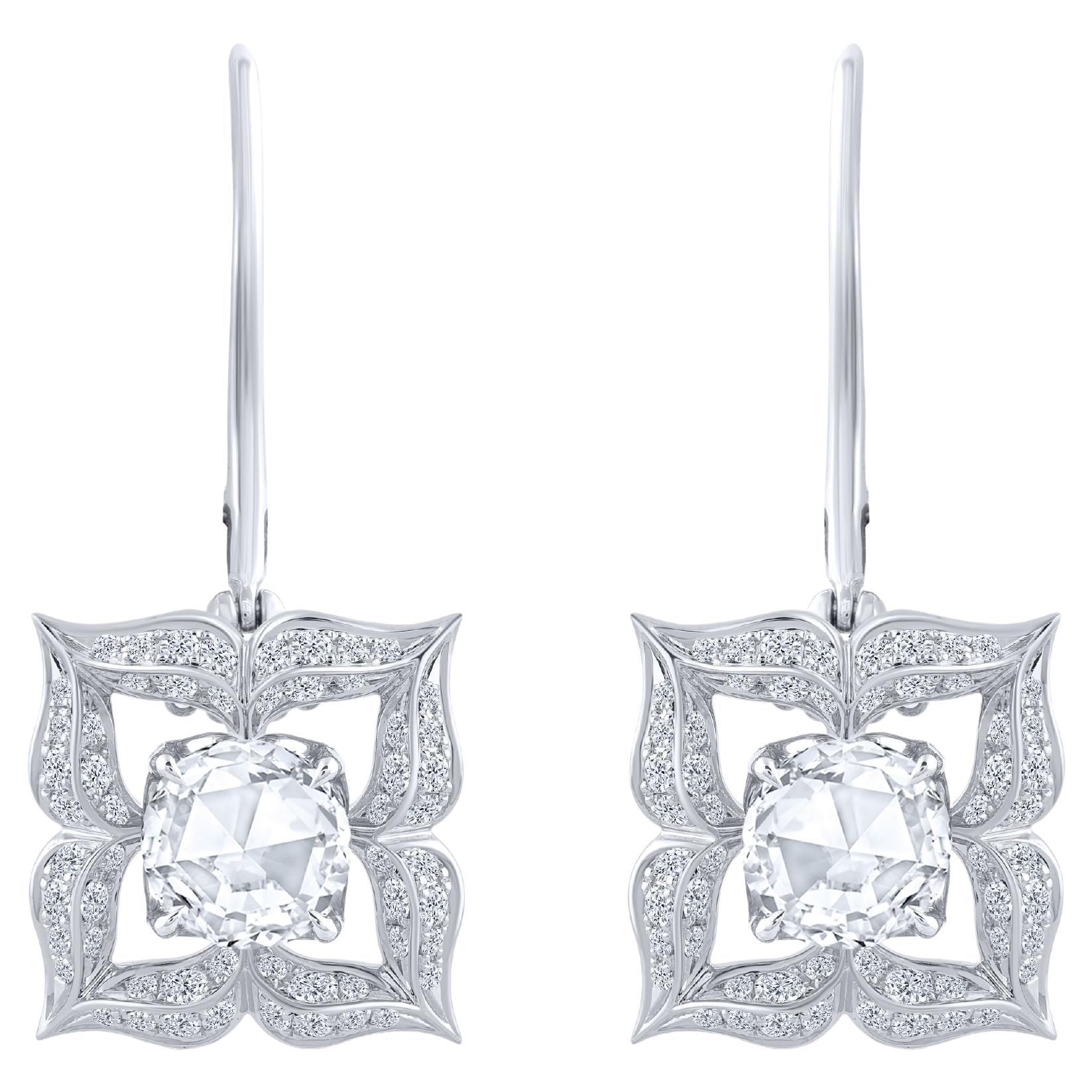 Harakh Boucles d'oreilles en or blanc 18 carats avec diamants taille rose et brillants de 0,95 carat