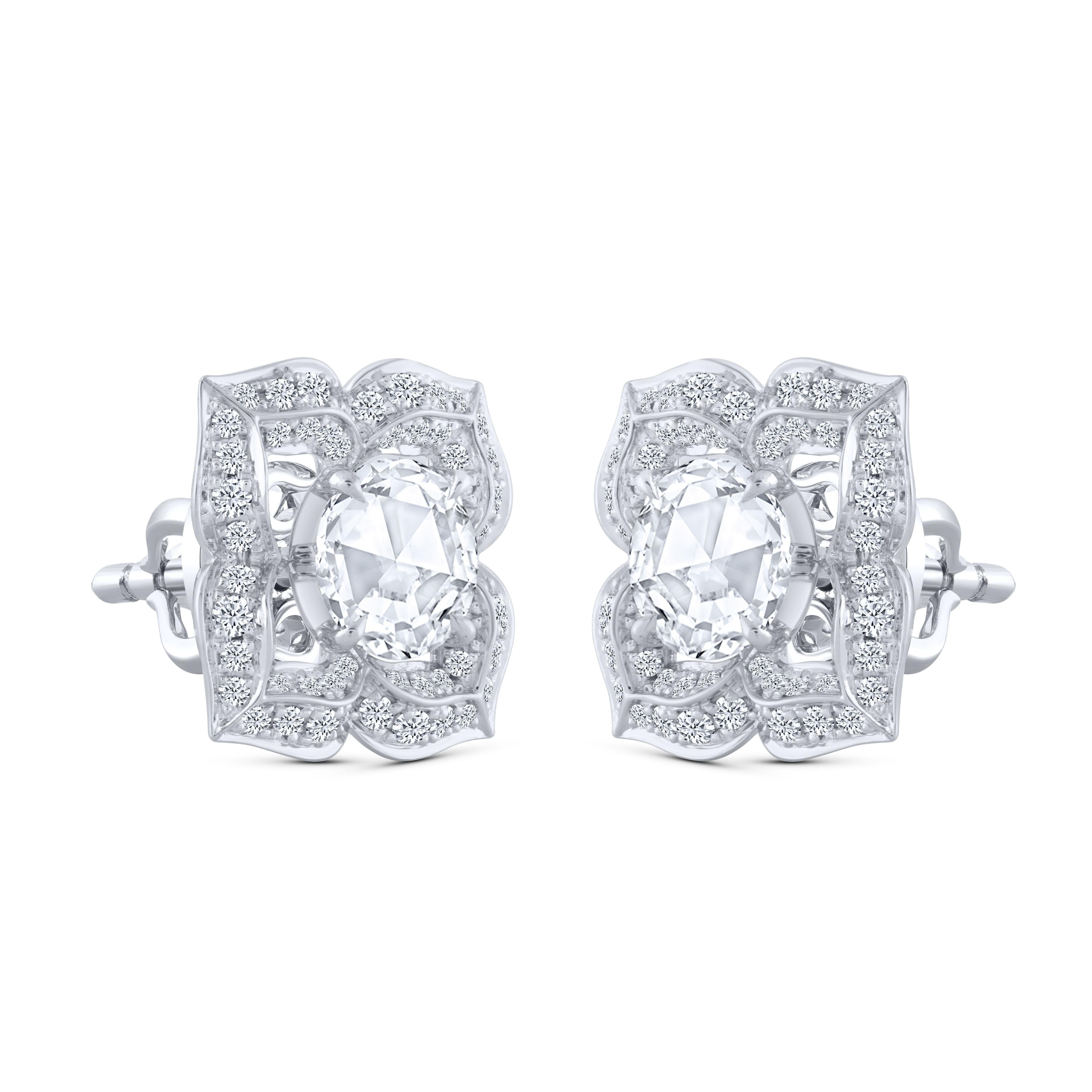 Contemporary Harakh 0.94 Carat Brilliant and Rose Cut Diamond 18kt White Gold Stud Earrings For Sale