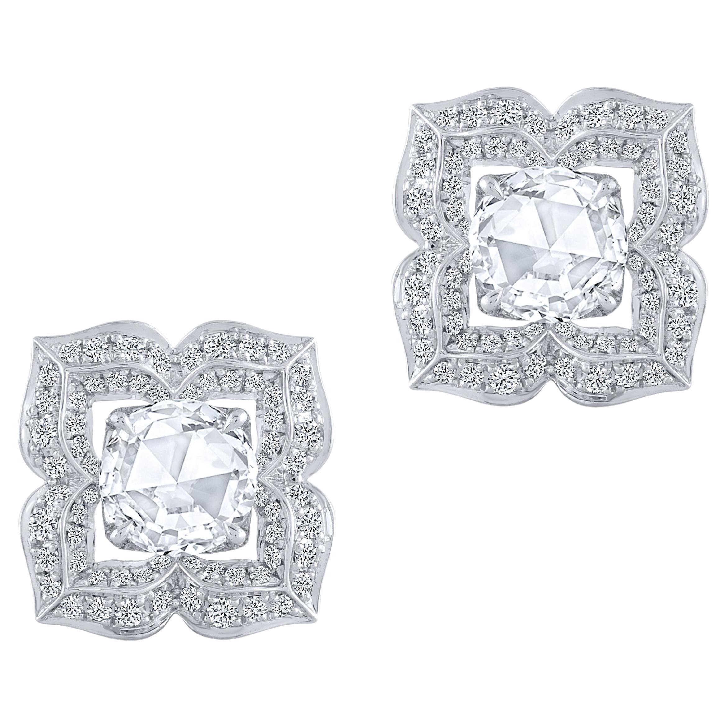 Harakh Clous d'oreilles en or blanc 18 carats avec diamants taille rose et brillants de 0,94 carat