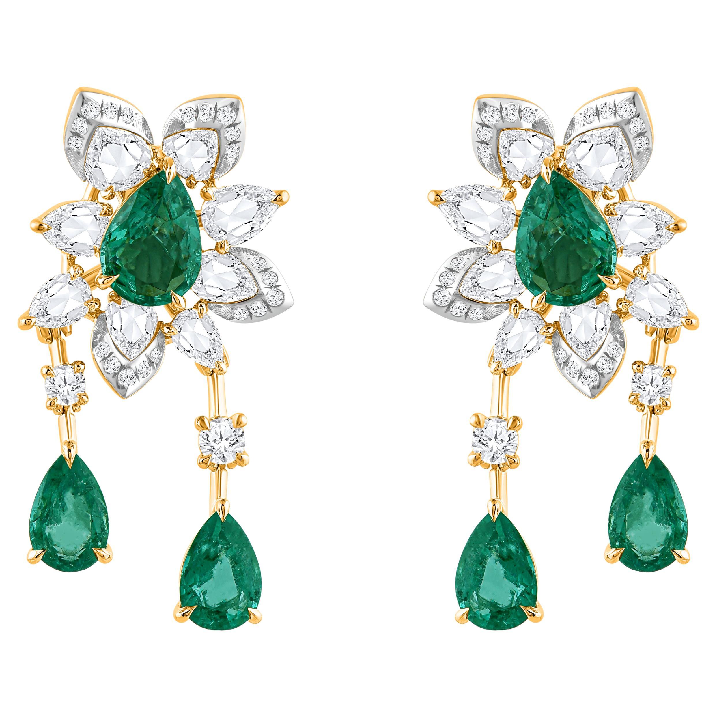 HARAKH 1 1/2 CT Natural Colorless Diamond Emerald 18KT Yellow Cascade Earring