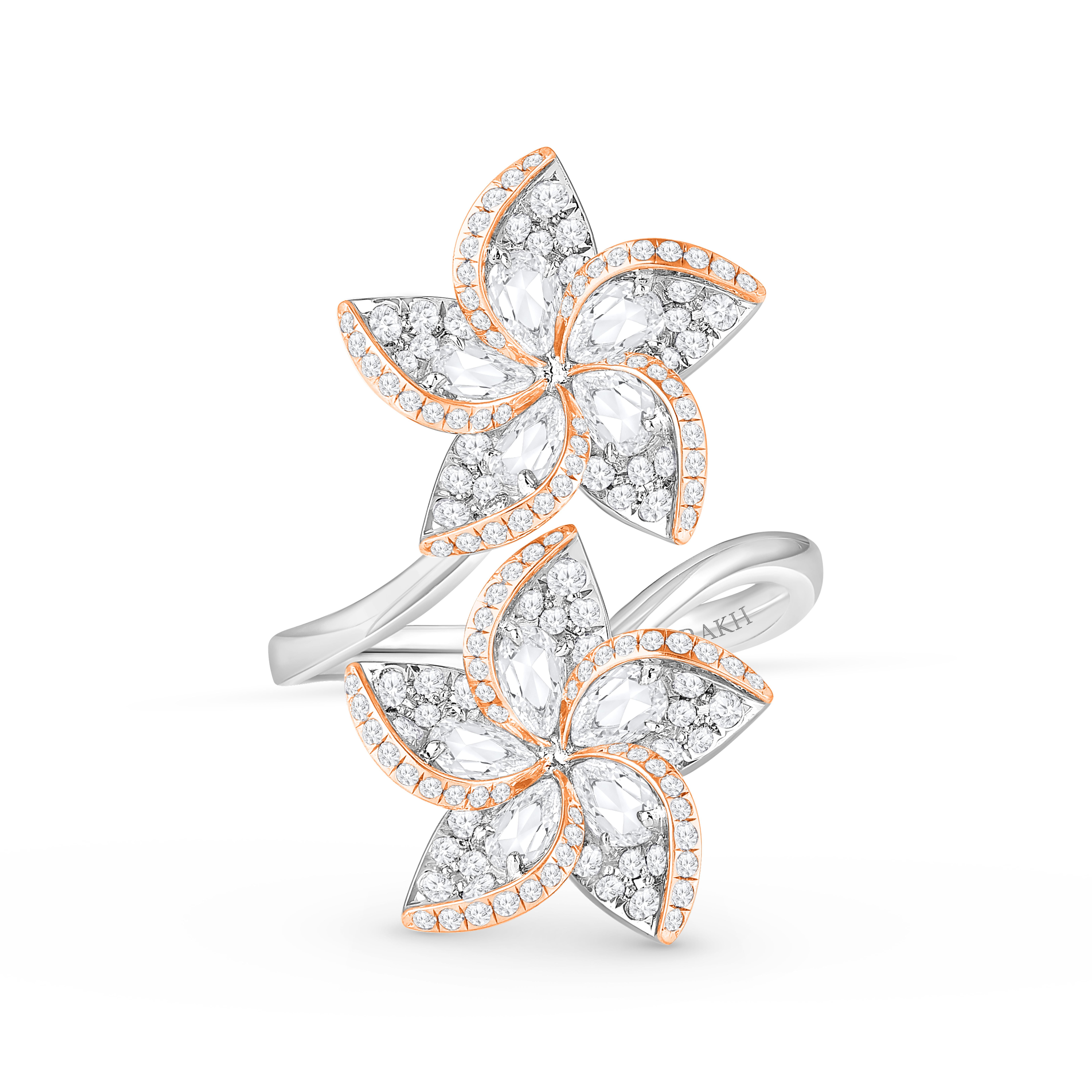 Inspired by the fragrant frangipani flower that symbolizes immortality, the look of this dual flower ring is enhanced with the perfect balance and combination of rose and brilliant cut diamonds. 

A brilliant cluster of 140 brilliant-cut diamonds,