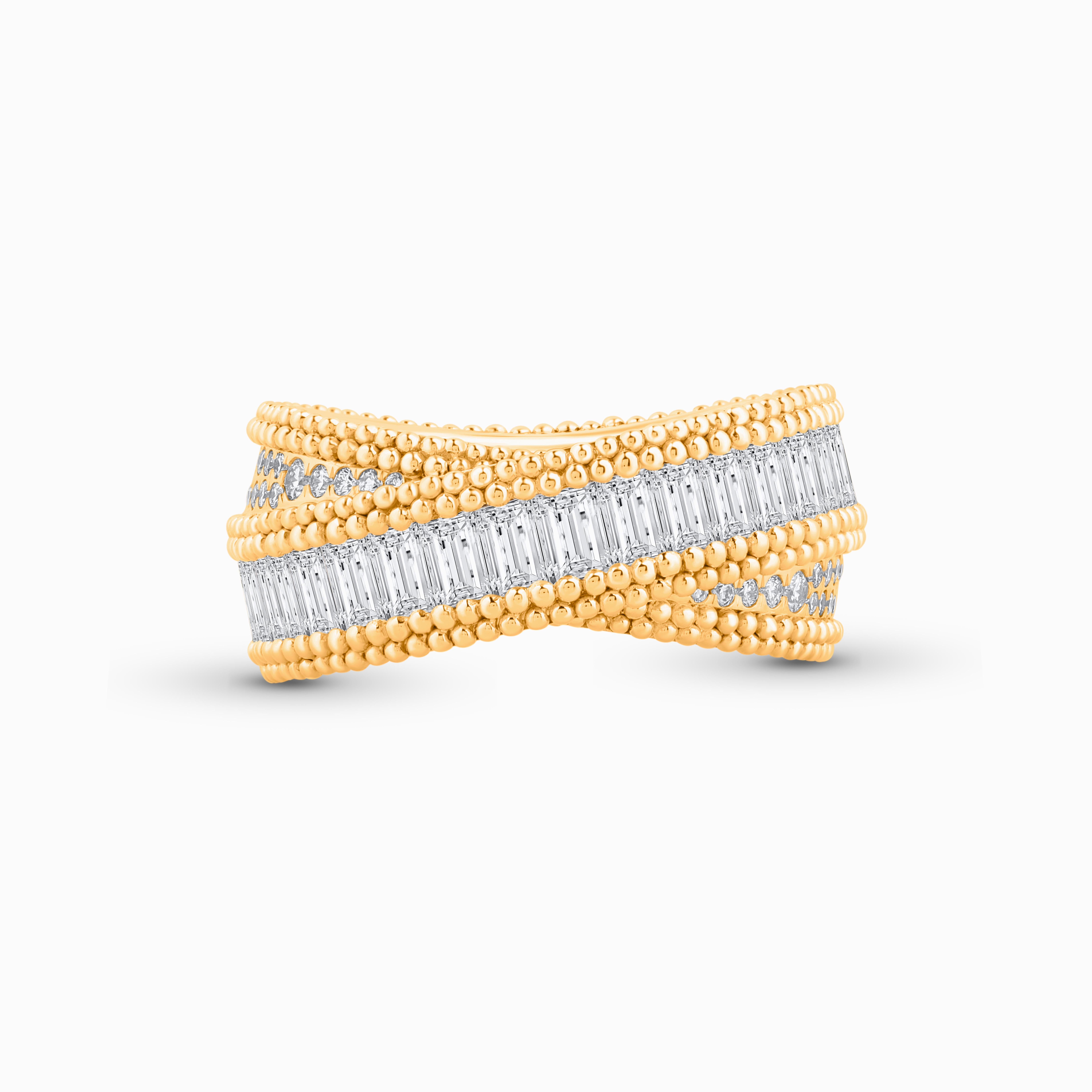 Inspired by the journey of the sun�’s rays traveling through space and time to brighten our world, this baguette diamond ring is studded with colorless natural baguette diamonds. An artisanal form of embroidery known as pota is recreated, especially