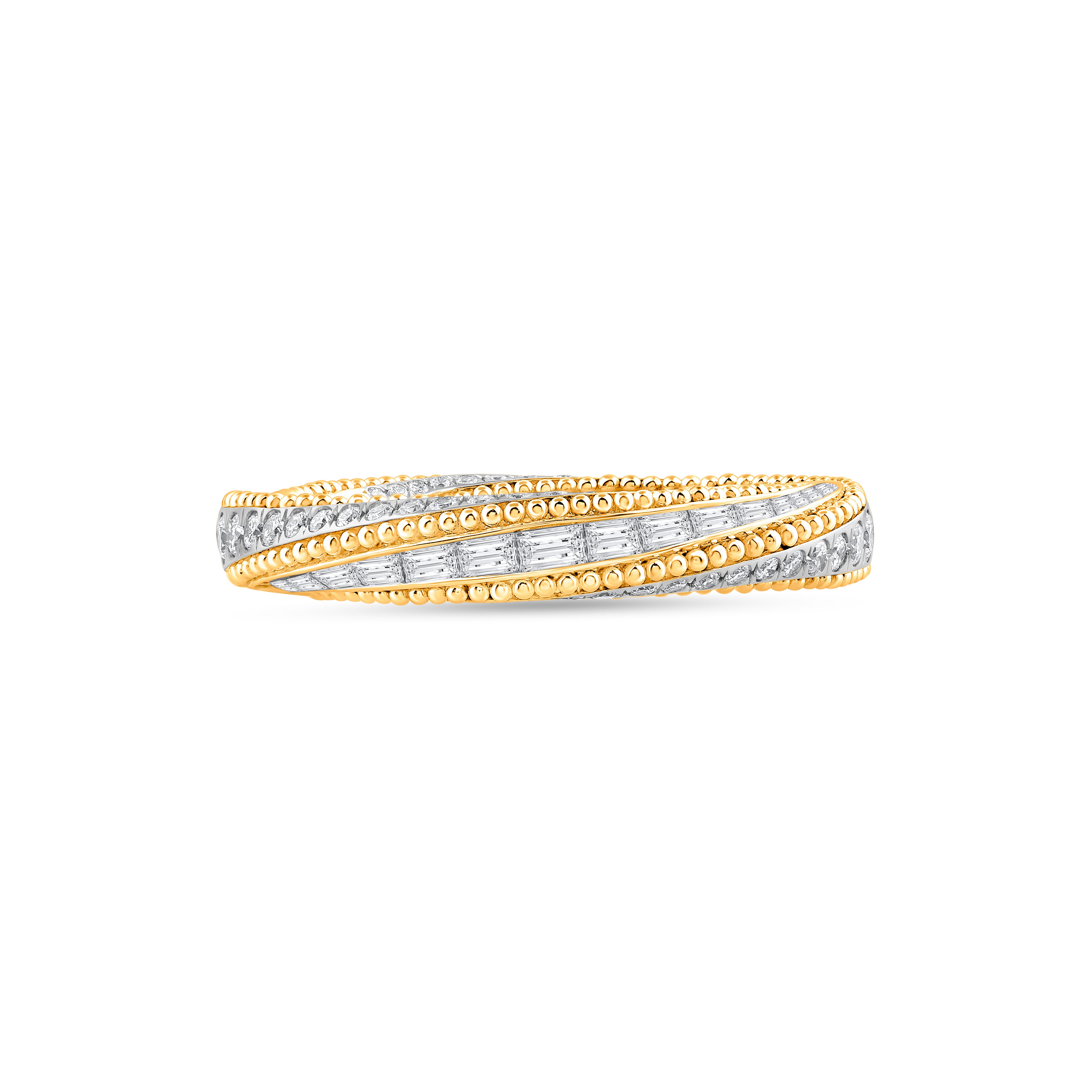 The Sunlight collection is inspired by the brilliance and radiance of the journey of the sun.  

Set with 46 Baguettes in channel setting Round in Yellow Gold and 78 brilliant Round Cut Diamond in the inner, this Eternity Diamond Ring is crafted in