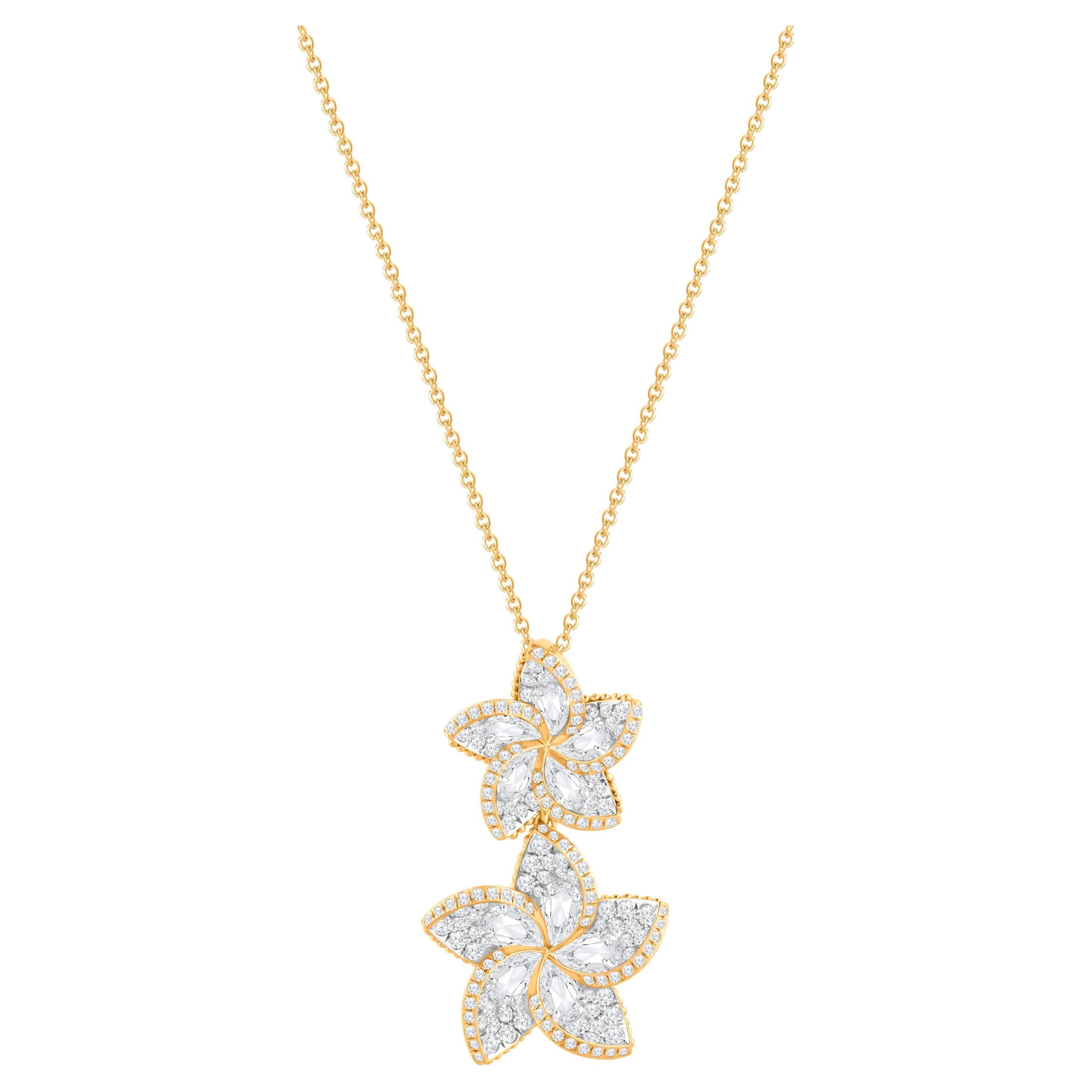 HARAKH 1 1/2 CT Colorless Diamond Frangipani Floral Pendant Necklace 18KT Gold