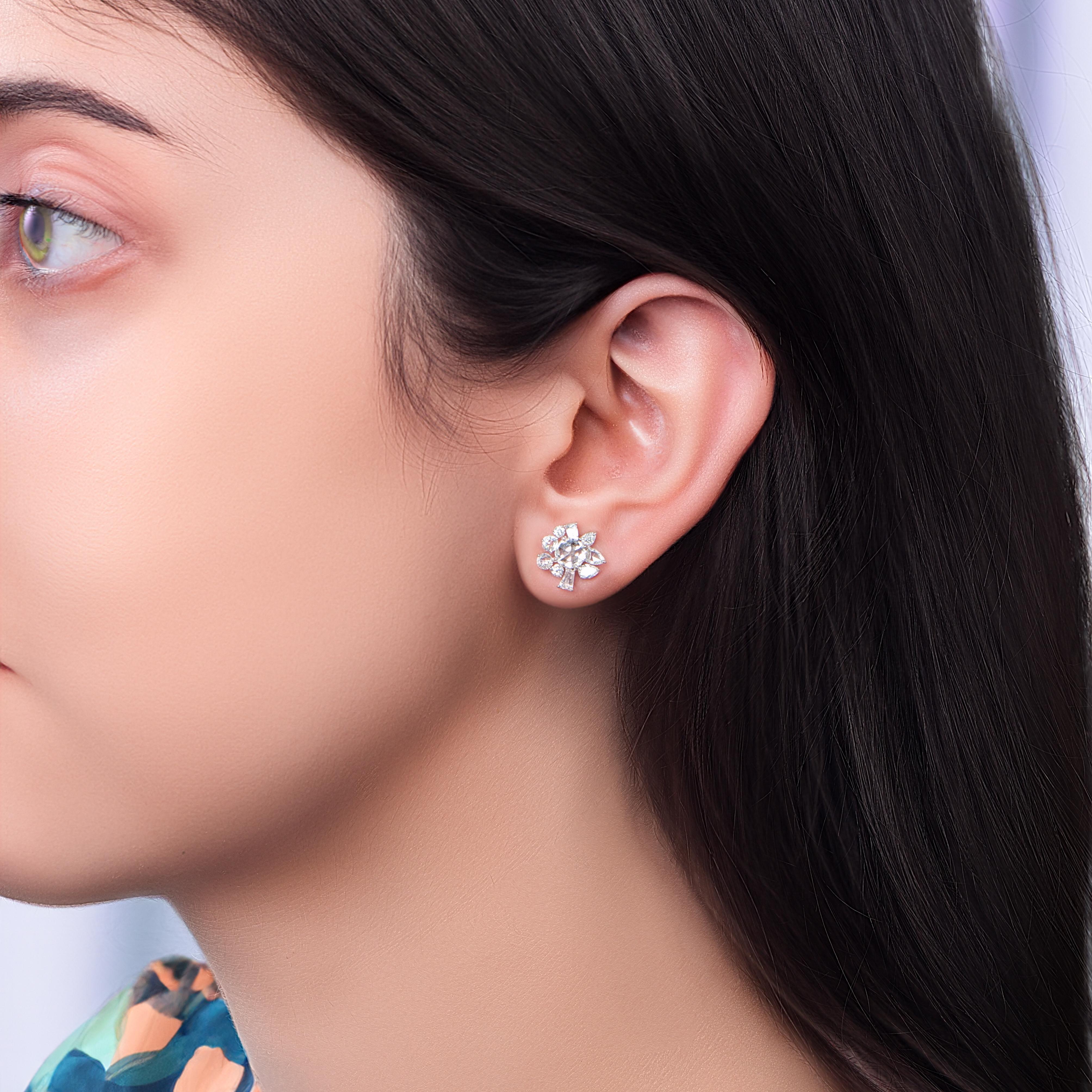 Brilliant Cut HARAKH 1 1/2 CT Natural Colorless Diamond Brilliant and Rose cut Stud Earring For Sale