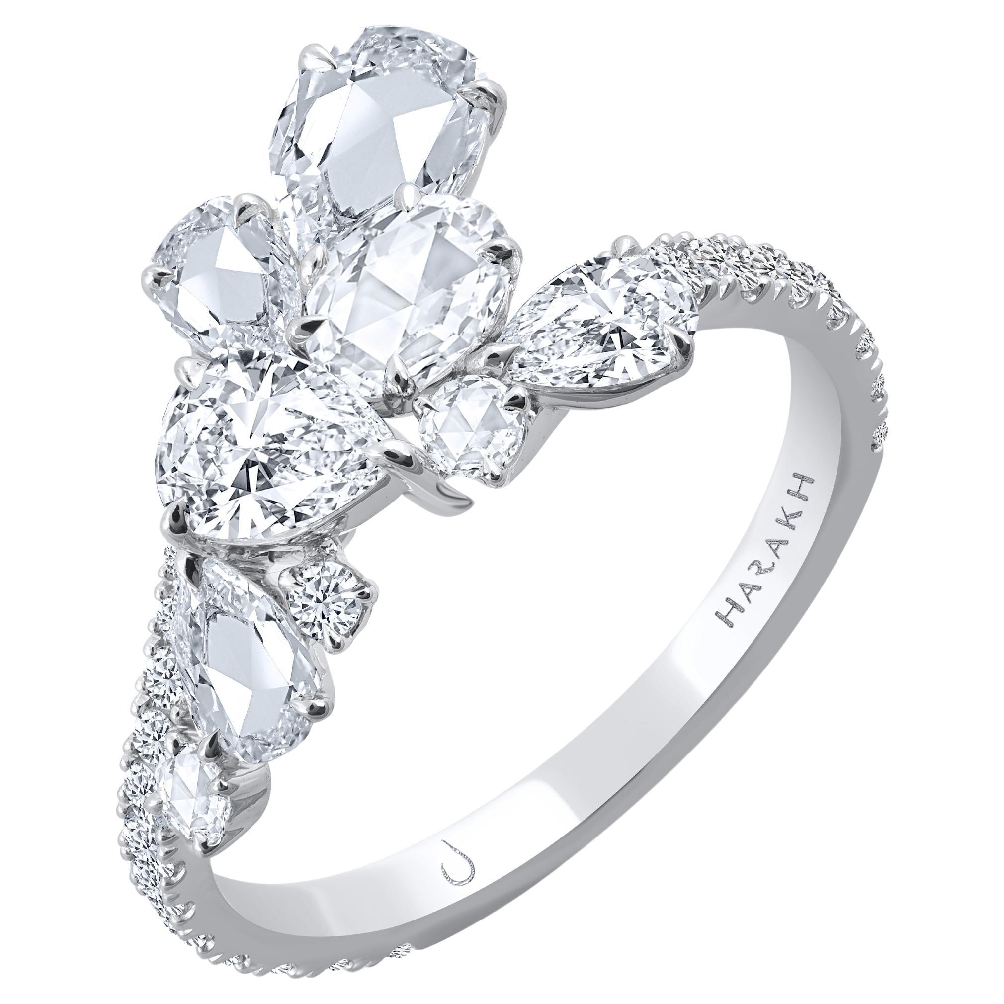 HARAKH 1 1/2 CT Natural Colorless Diamond Cluster Cascade 18K White Gold Ring