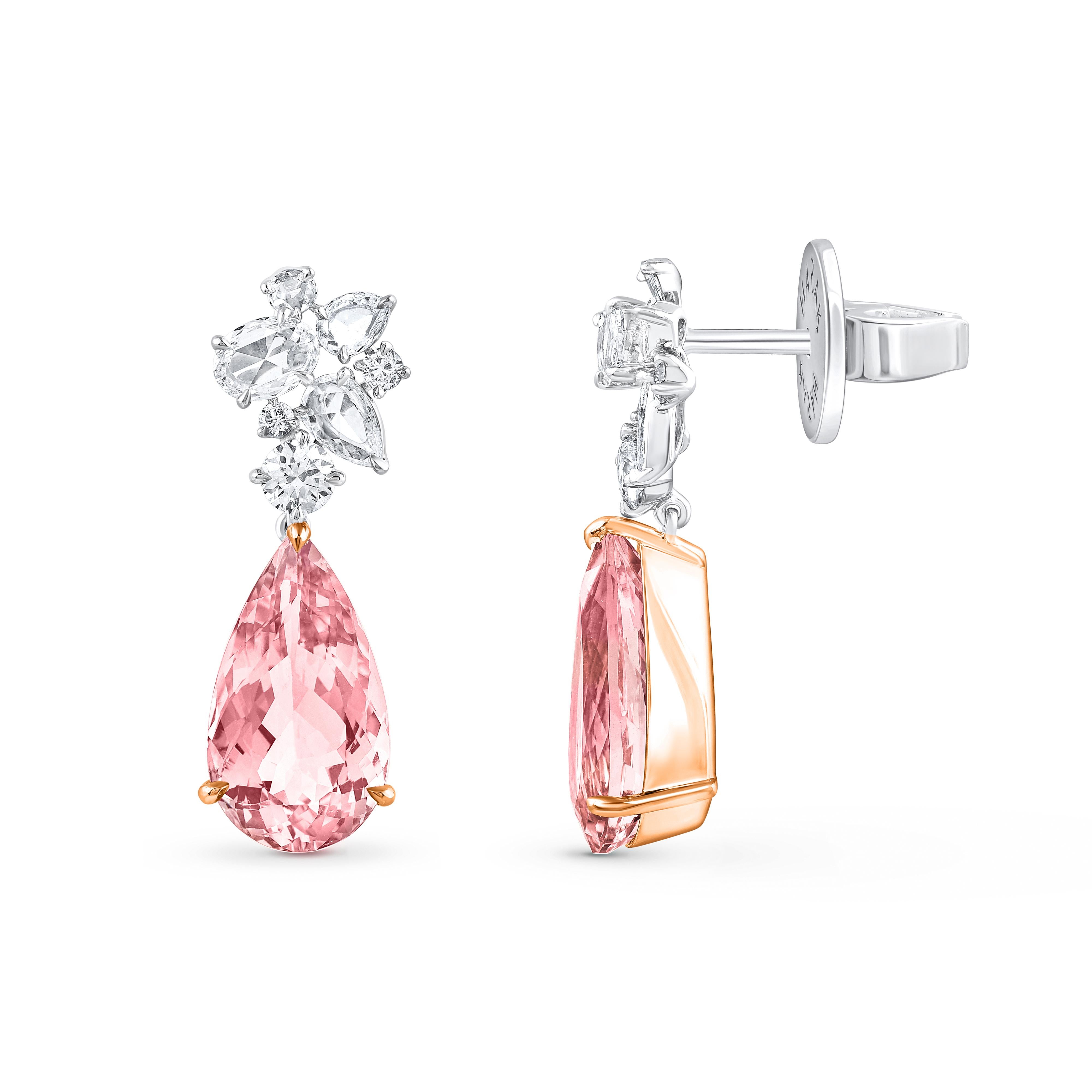 Contemporary HARAKH 1 1/3 Carat Brilliant Cut Colorless Diamond and Morganite Earrings For Sale