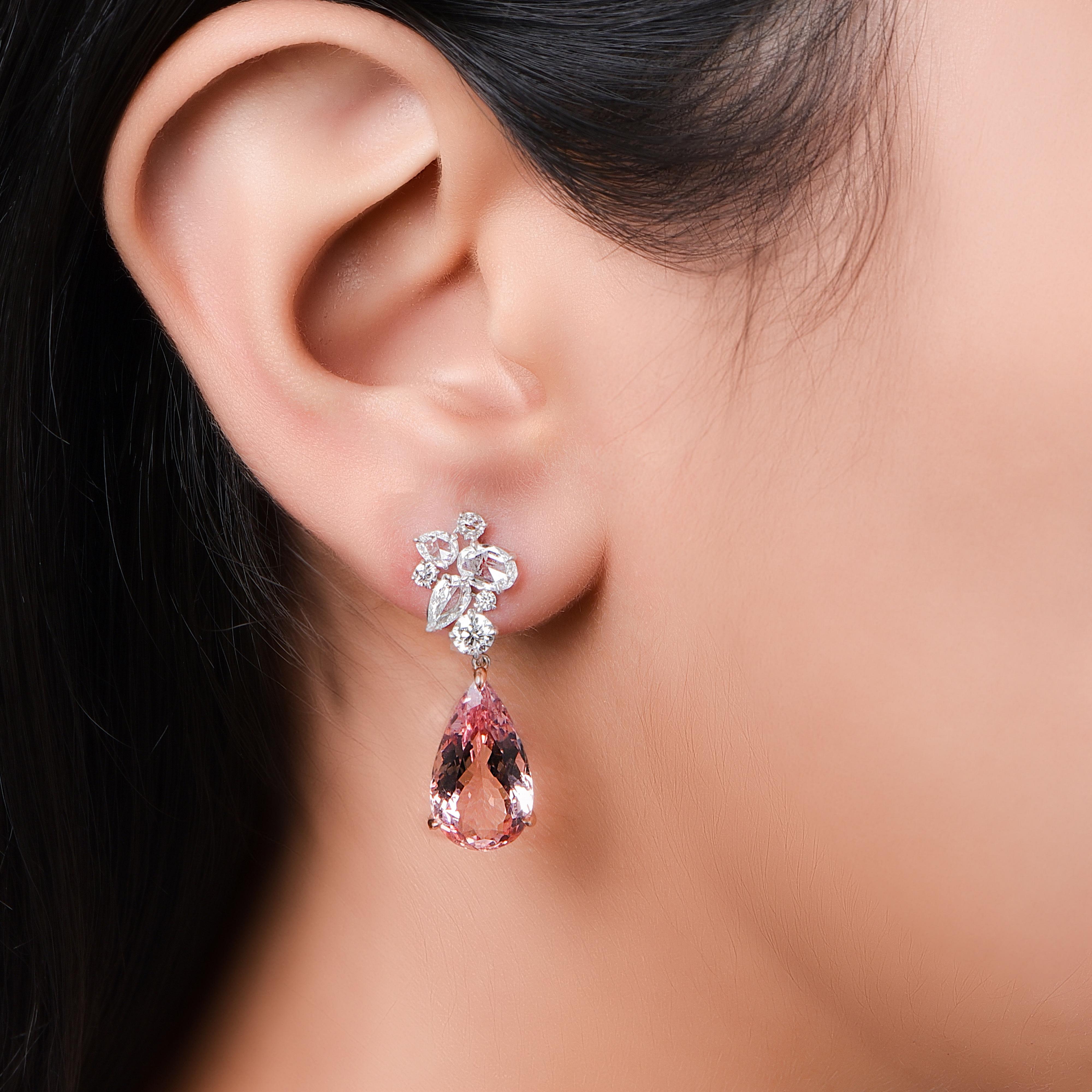 HARAKH 1 1/3 Carat Brilliant Cut Colorless Diamond and Morganite Earrings In New Condition For Sale In New York, NY