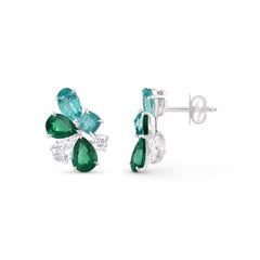HARAKH 1 1/3 CT Brilliant Cut Natural Diamond, Emerald & Paraiba Stud Earrings