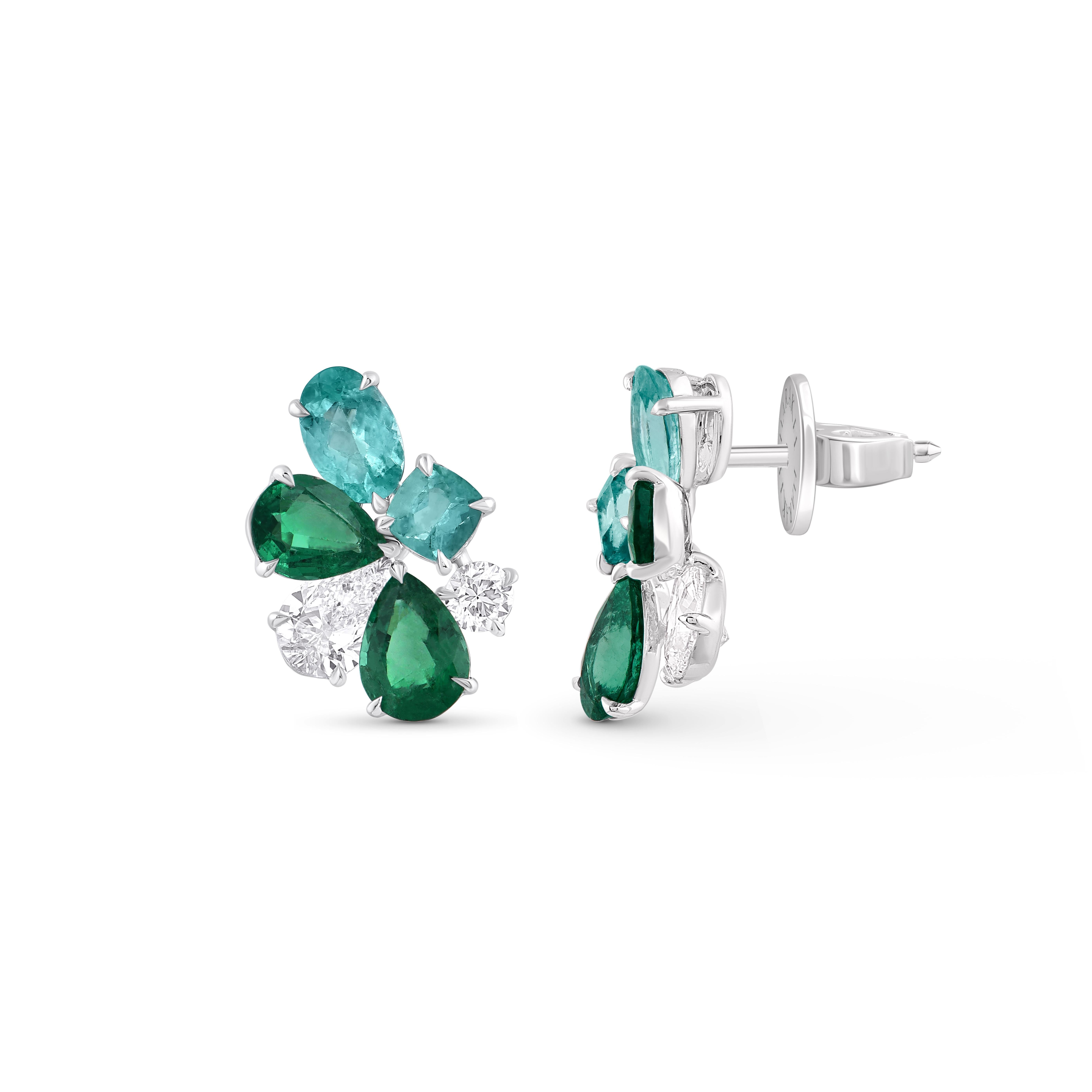 Contemporary HARAKH 1 1/3 CT Brilliant Cut Natural Diamond, Emerald & Paraiba Stud Earrings For Sale