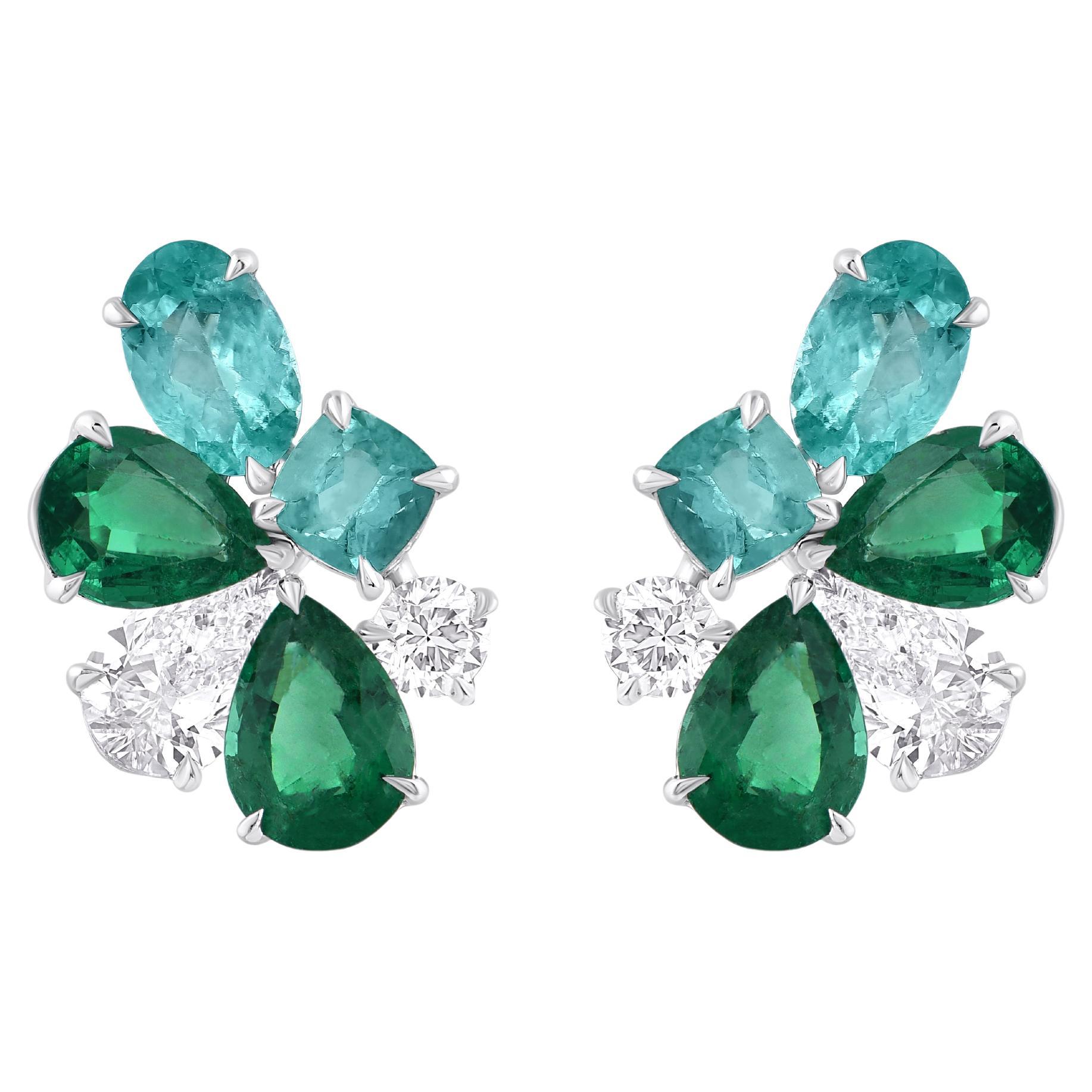 HARAKH 1 1/3 CT Brilliant Cut Natural Diamond, Emerald & Paraiba Stud Earrings