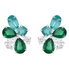 Harakh - Boucles d'oreilles 1 1/3 CT diamant naturel taille brillant, émeraude et Paraiba