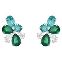 HARAKH 1 1/3 CT Brilliant Cut Natural Diamond, Emerald & Paraiba Stud Earrings