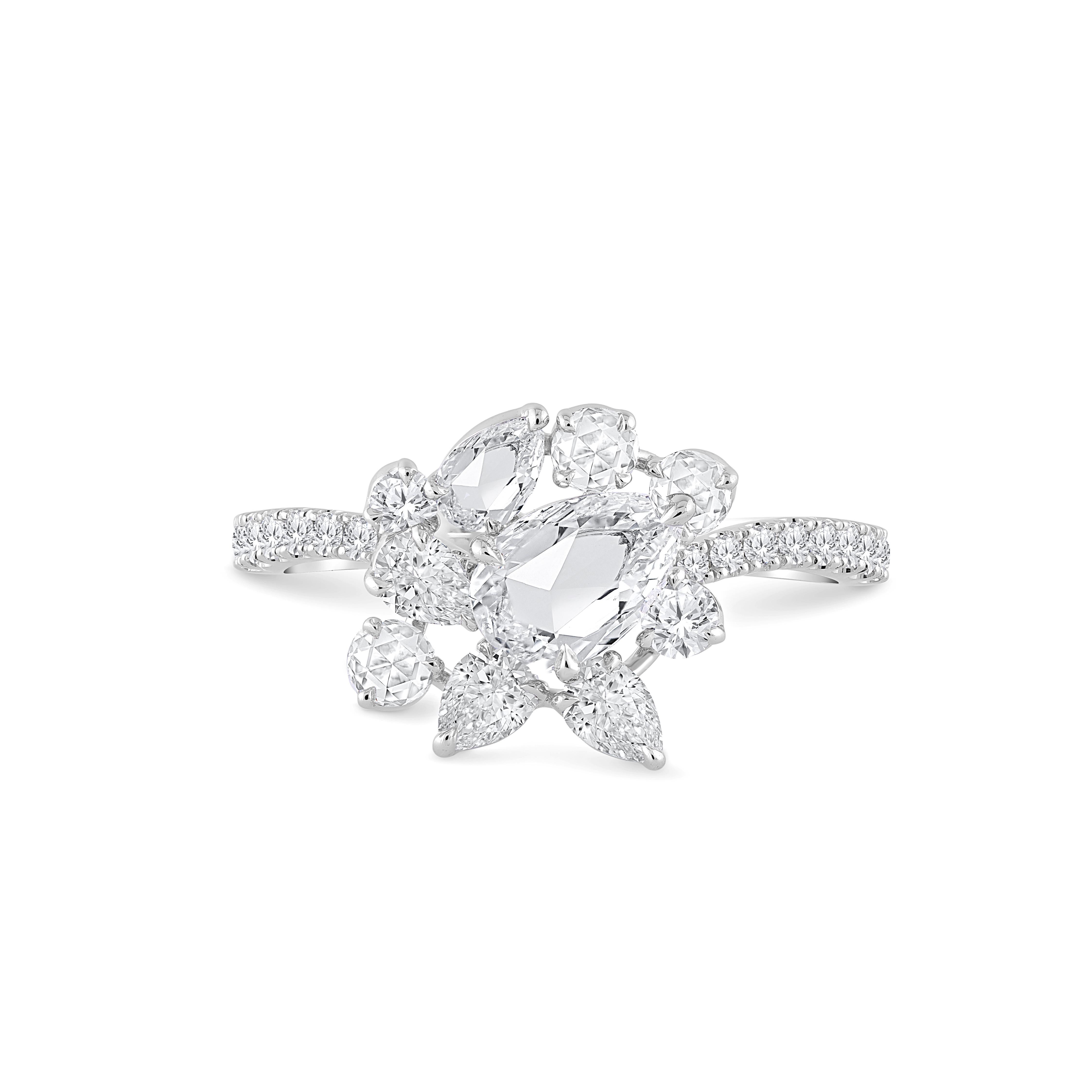 Contemporain Harakh 1 1/3 CT Brilliante & Rose Cut Natural Colorless Diamond Cascade Ring en vente