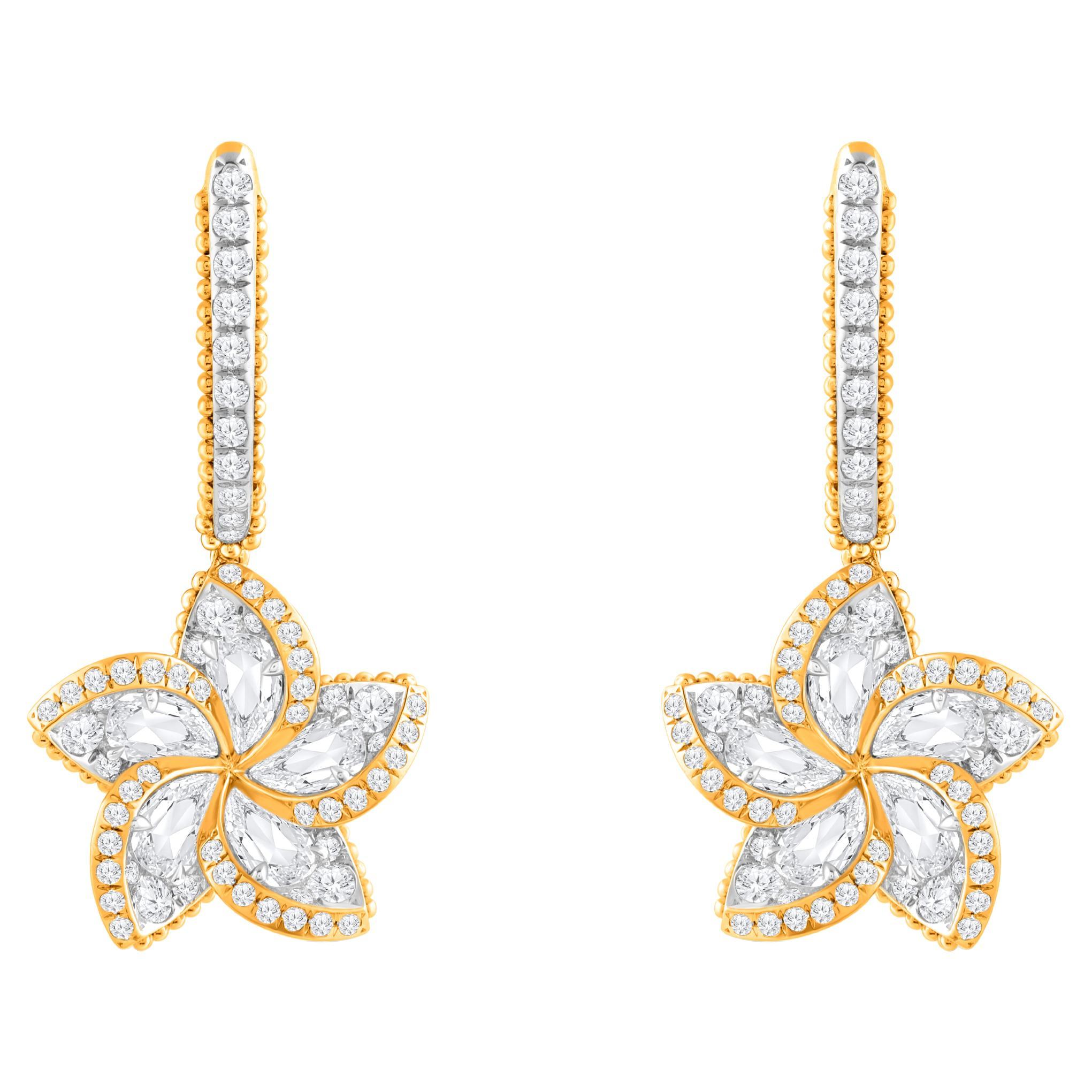 HARAKH 1 1/3 CT Colorless Diamond Dangling Frangipani Flower 18K Gold Earrings