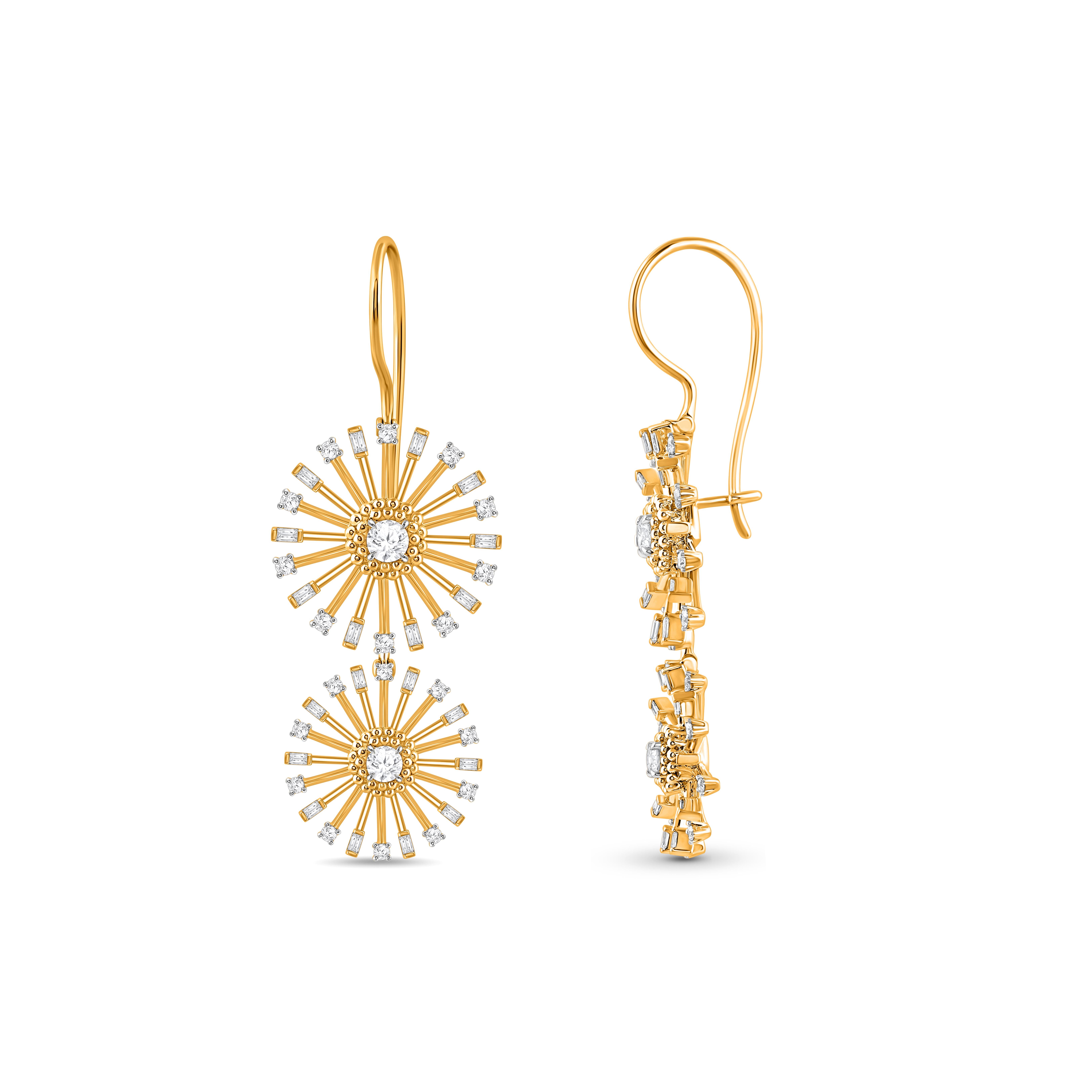 Inspiriert von der Reise der Sonnenstrahlen durch Raum und Zeit, um unsere Welt zu erhellen, sind runde Diamanten im Brillantschliff und Baguette-Diamanten im Sonderschliff in 18 Kt Gelbgold gefasst. Eine handwerkliche Form der Stickerei, die als