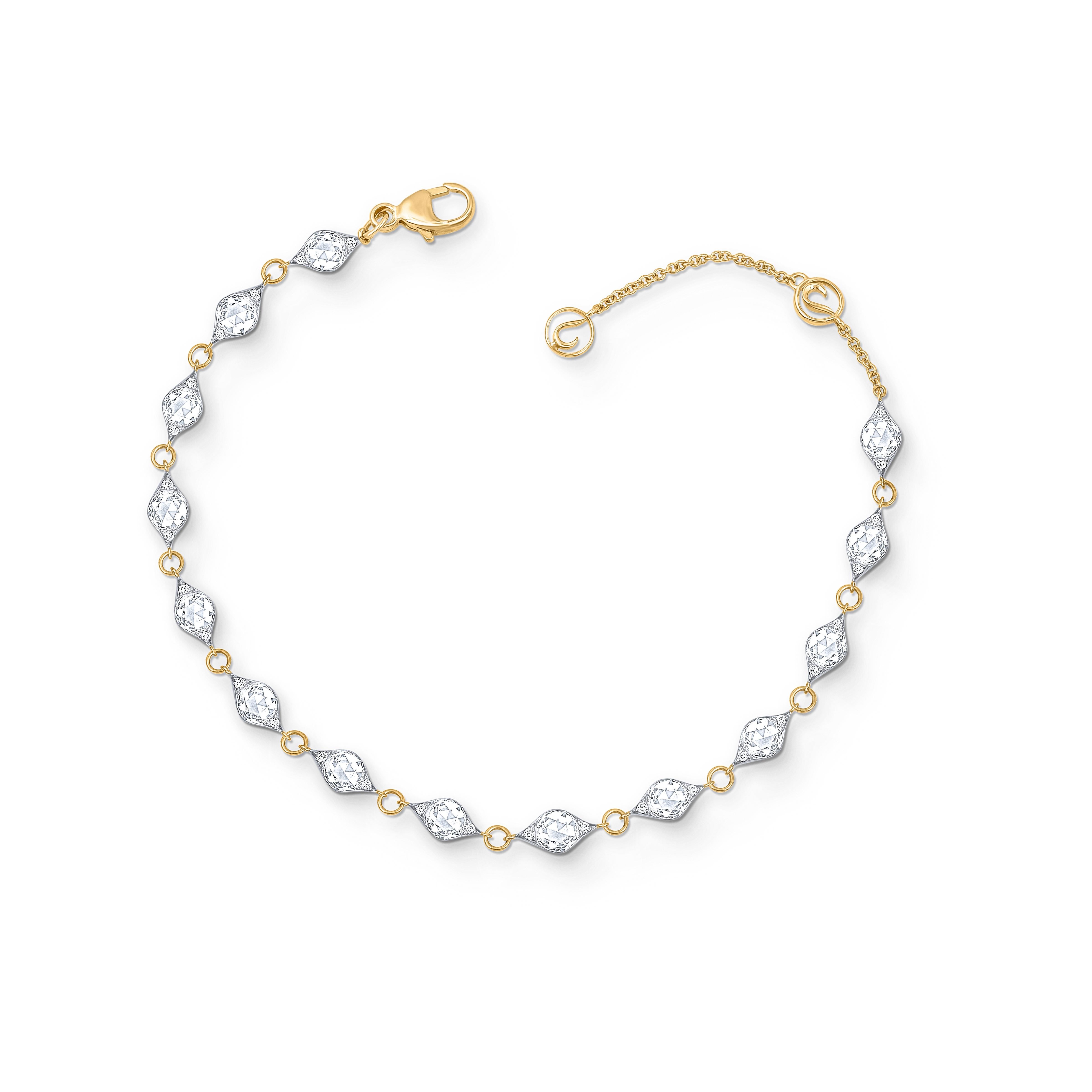 Das Armband der Mandala Collection ist mit Diamanten im Brillant- und Rosenschliff besetzt und aus 18kt Weiß- und Gelbgold gefertigt. Die Diamanten sind mit D-F Farbe und IF-VS Reinheit bewertet. Das Gesamtgewicht der Diamanten beträgt 1 5/8