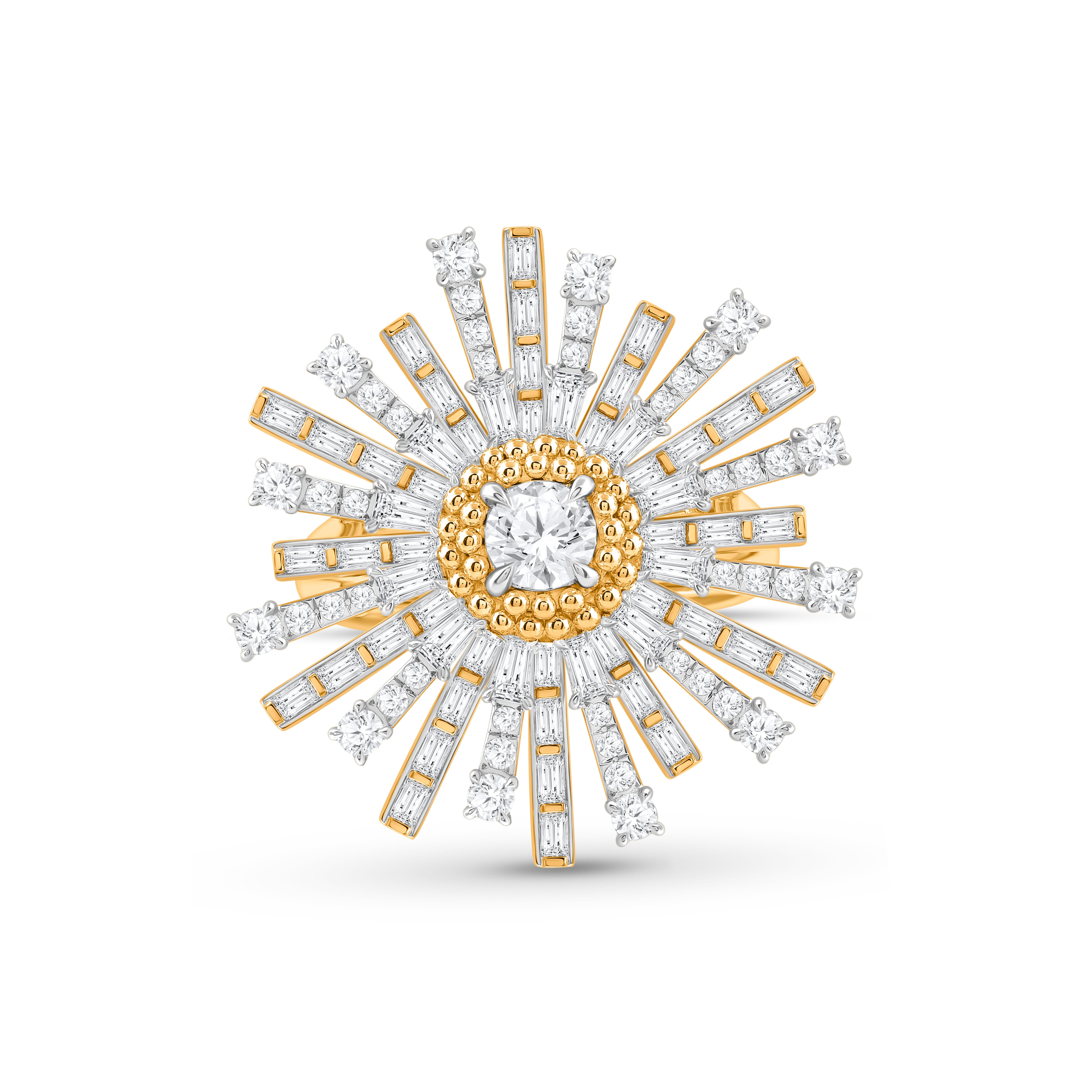 Ispirato al viaggio dei raggi solari che attraversano lo spazio e il tempo per illuminare il nostro mondo, questo anello con diamante baguette è tempestato di diamanti naturali baguette incolori. Una forma artigianale di ricamo nota come pota viene