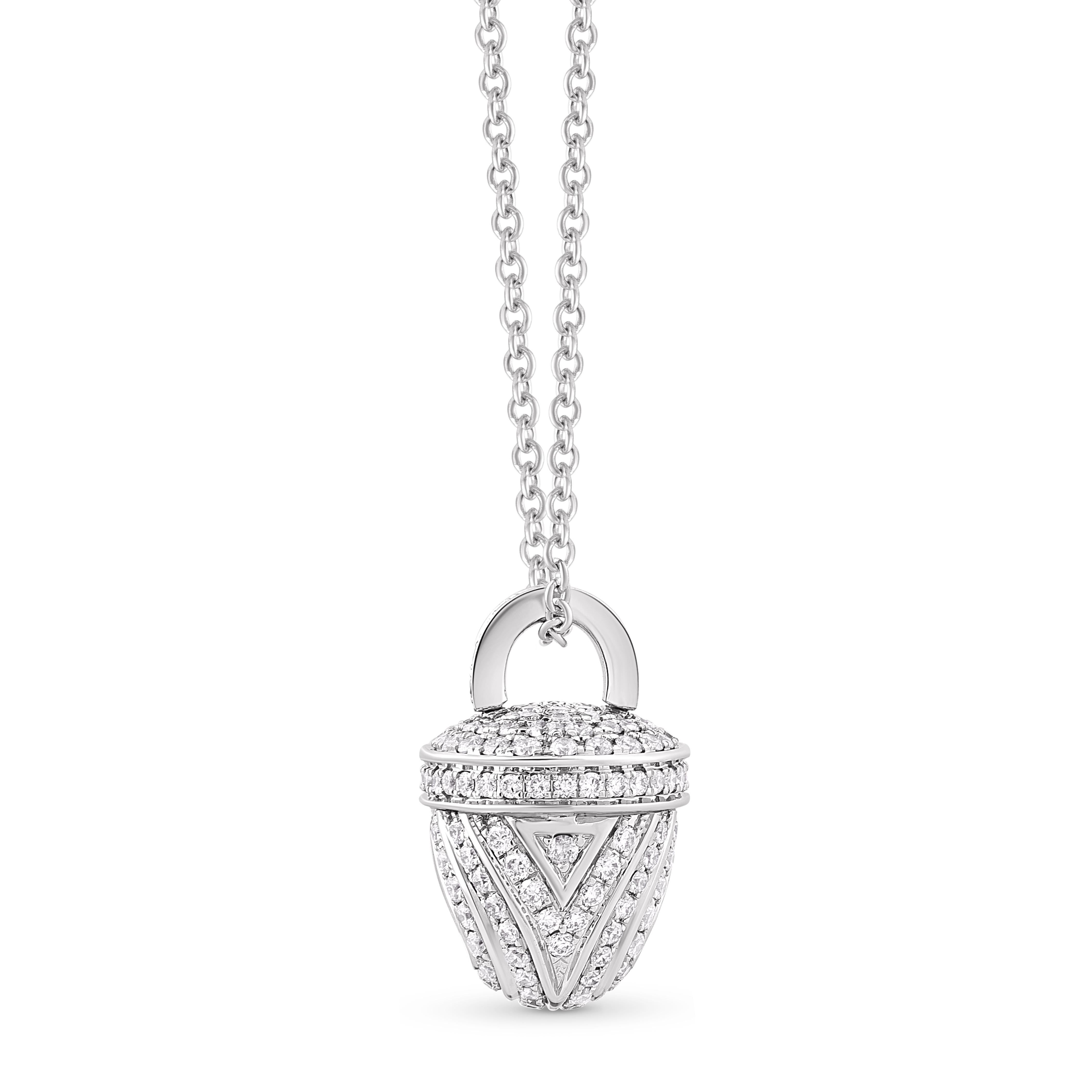 Contemporary HARAKH 1/2 CT Colorless Diamond Ghunghroo Pendant Necklace in 18 Kt Whtie Gold For Sale