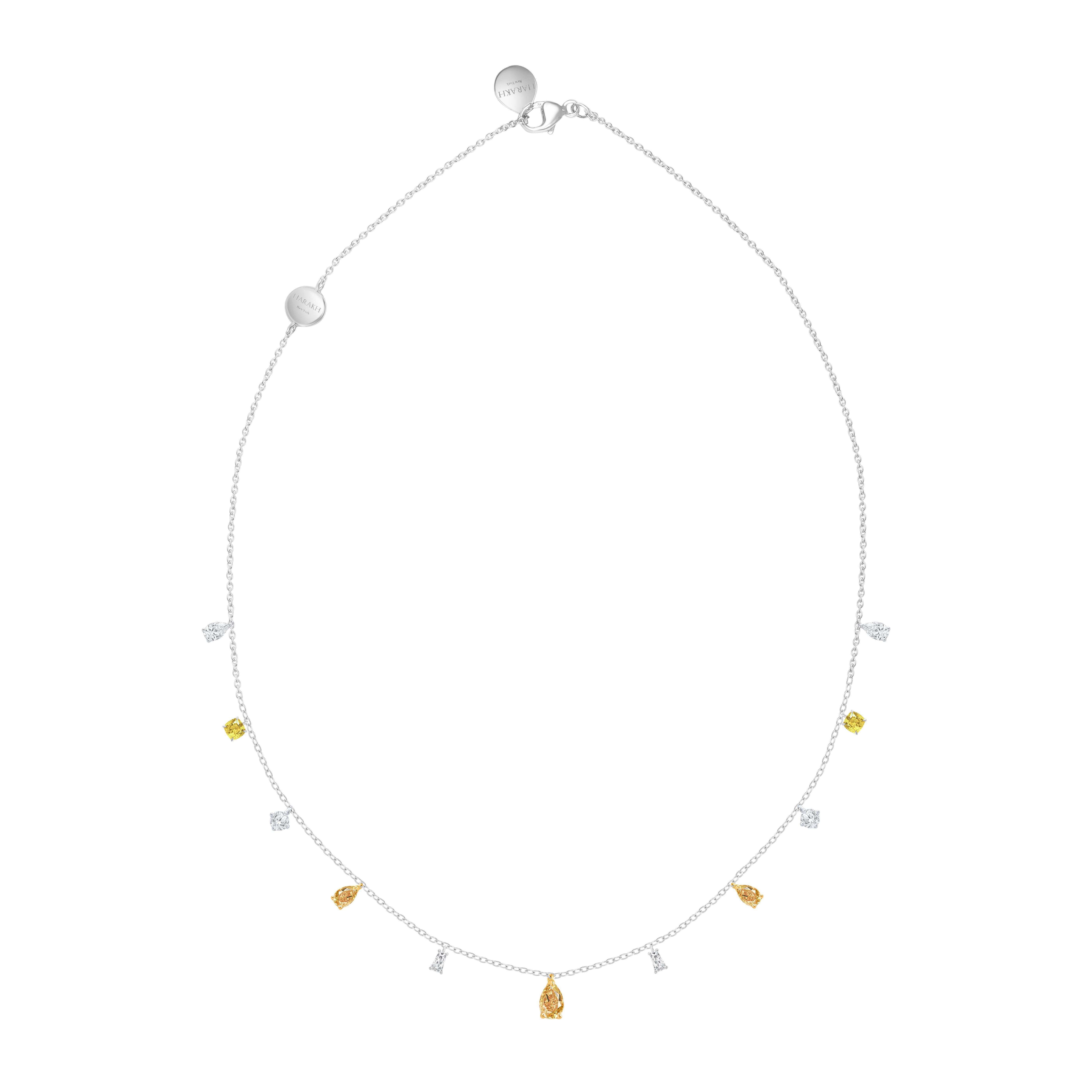 HARAKH 1 3/4 Collana con gocce di pioggia di diamanti gialli e incolori in oro 18 carati in vendita