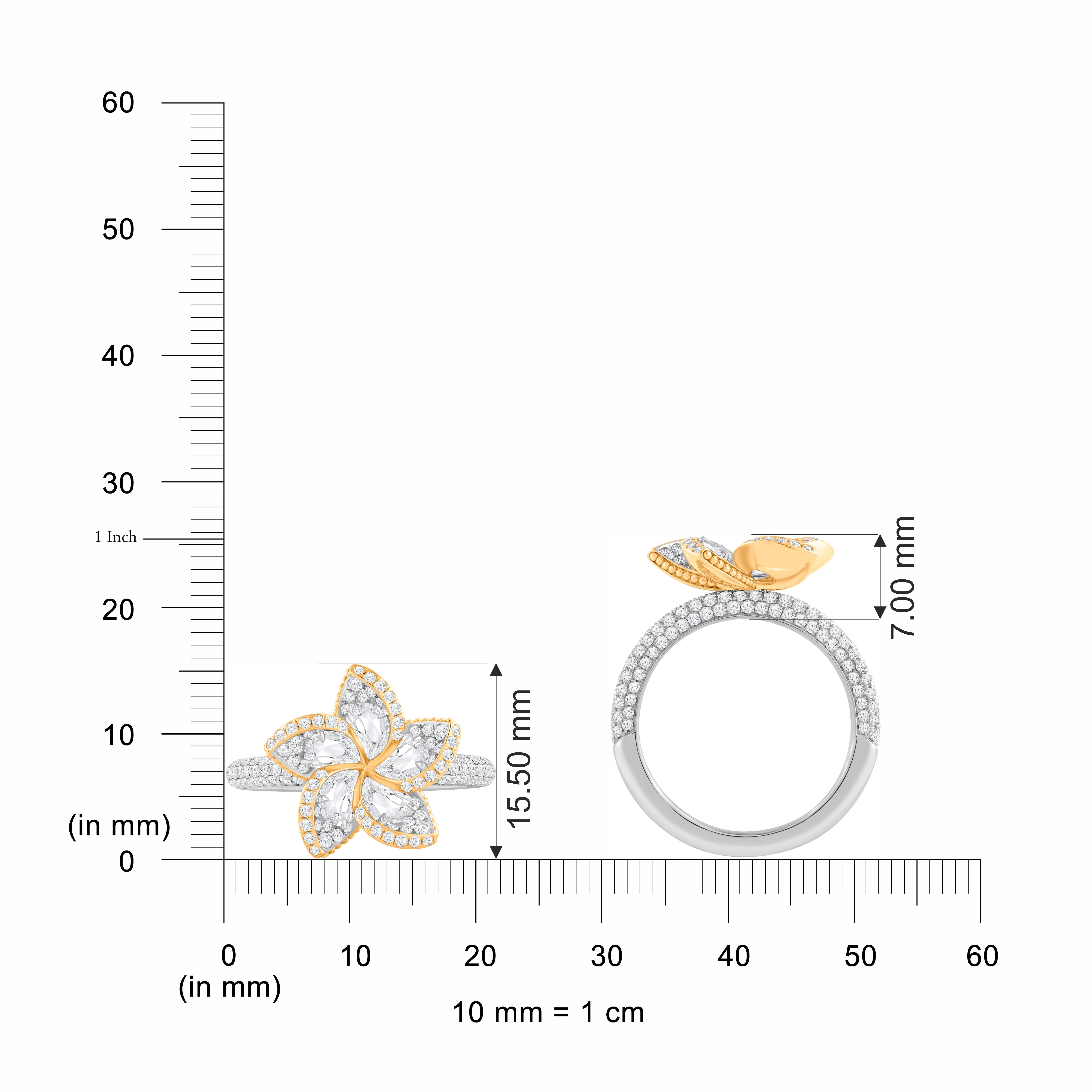 Inspired by the fragrant frangipani flower that symbolizes immortality and handcrafted in 18KT yellow and white gold, the ring features a sculpted frangipani bloom brought to life with a luxurious combination of brilliant-cut and rose-cut natural