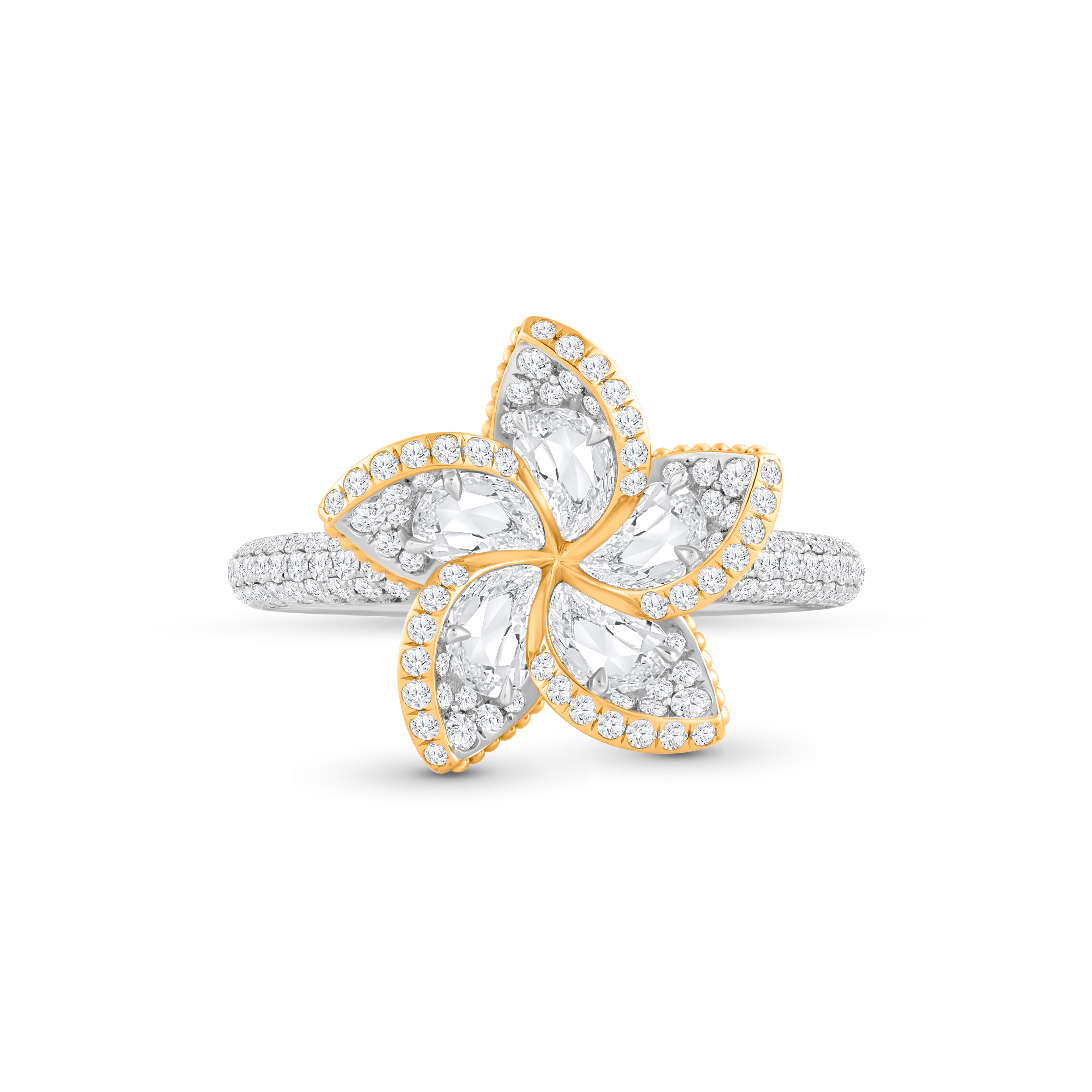Taille brillant HARAKH 1 3/4 CT Colorless Diamond Frangipani Floral Ring in 18KT Gold en vente
