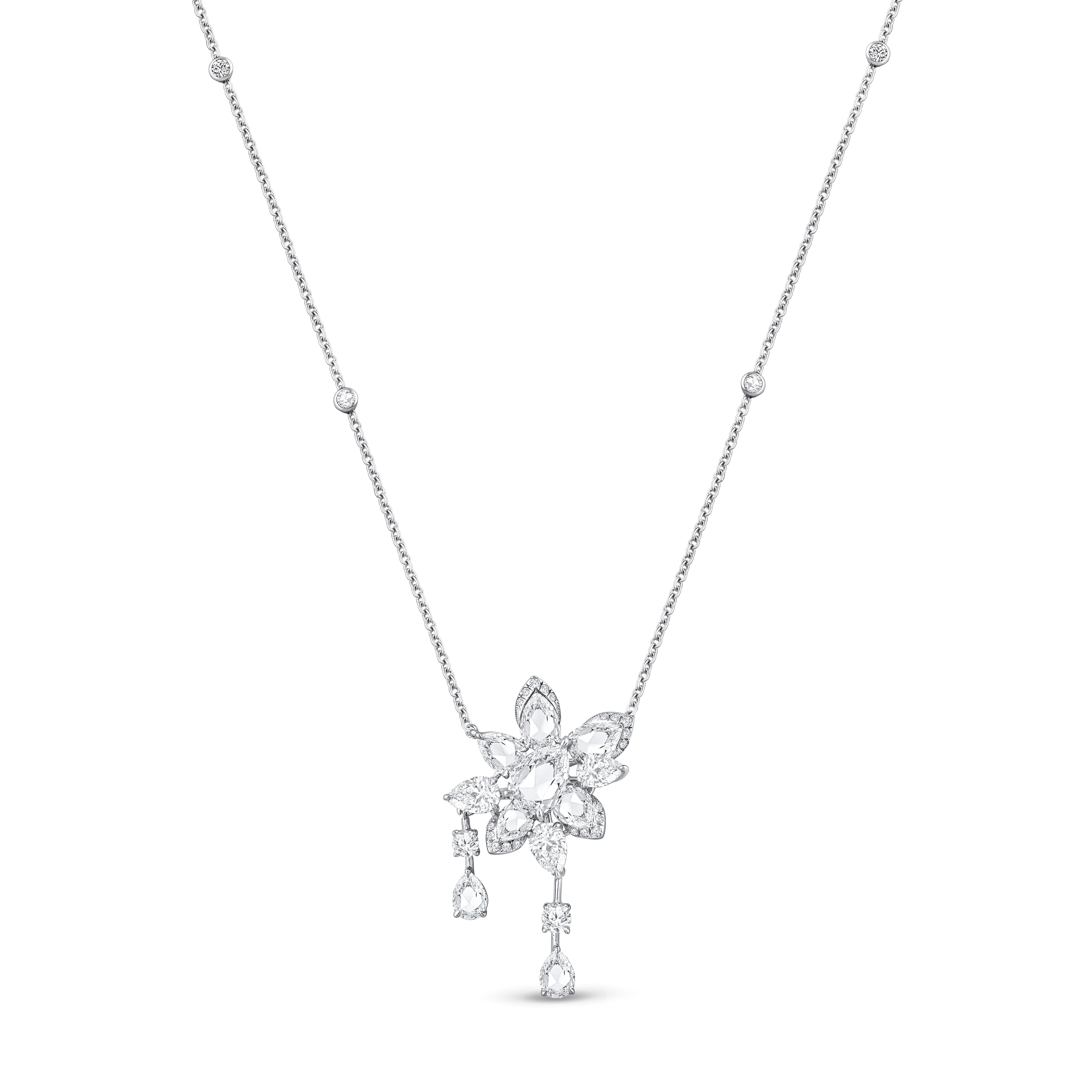 This striking pendant necklace from our Cascade collection is studded with 24 round, 3 pear, 2 rose round, and 8 rose cut pear. 
The pendant is studded with brilliant-cut and rose-cut diamonds, and the total diamond weight is 1 3/4 carats. The