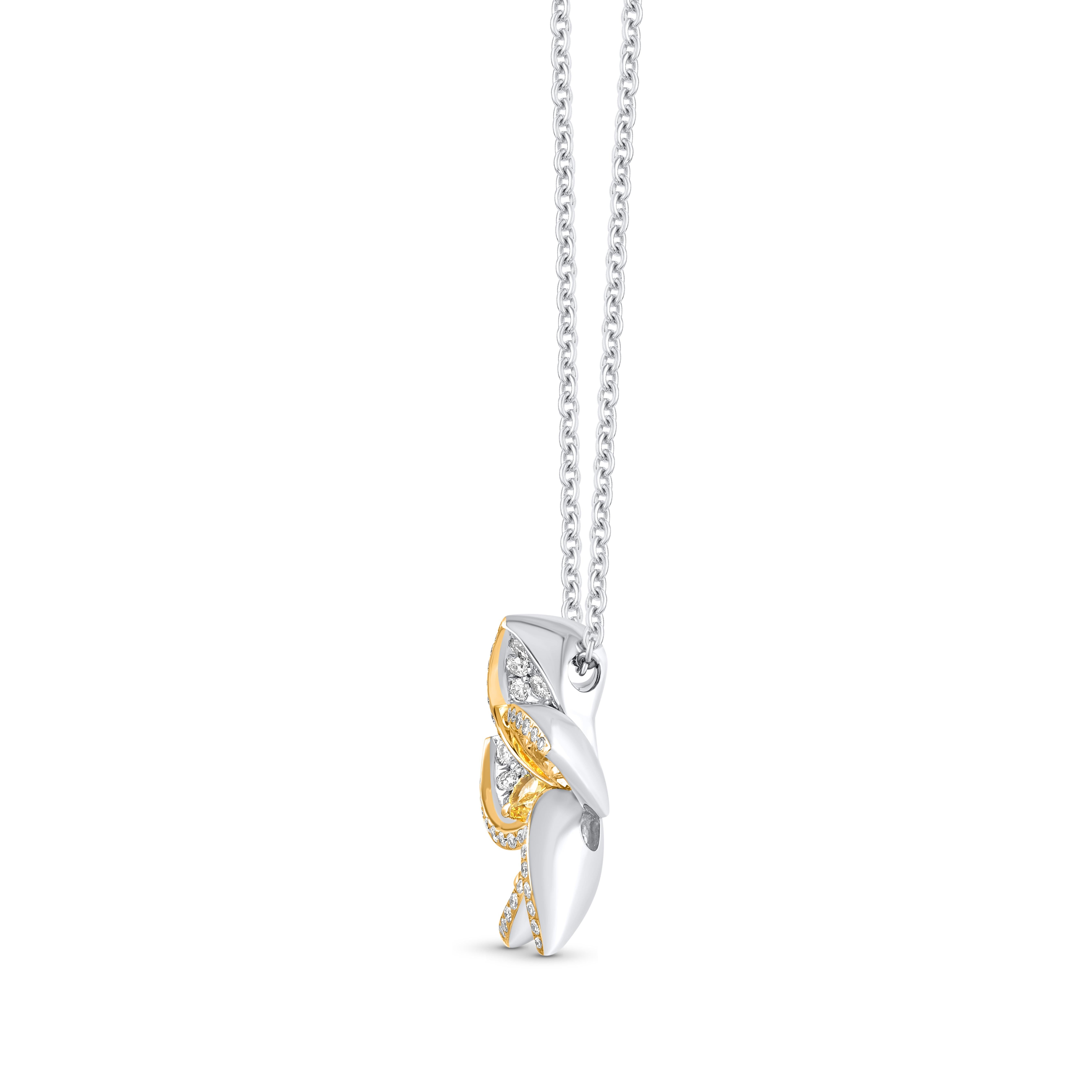 Inspired by the Fragrant Frangipani flower, a symbol of immortality, this elegantly designed pendant is adorned with a harmonious 90 Round Brilliant cut and 5 Pear cut orange & Yellow diamonds. A nature-inspired beauty from our Frangipani