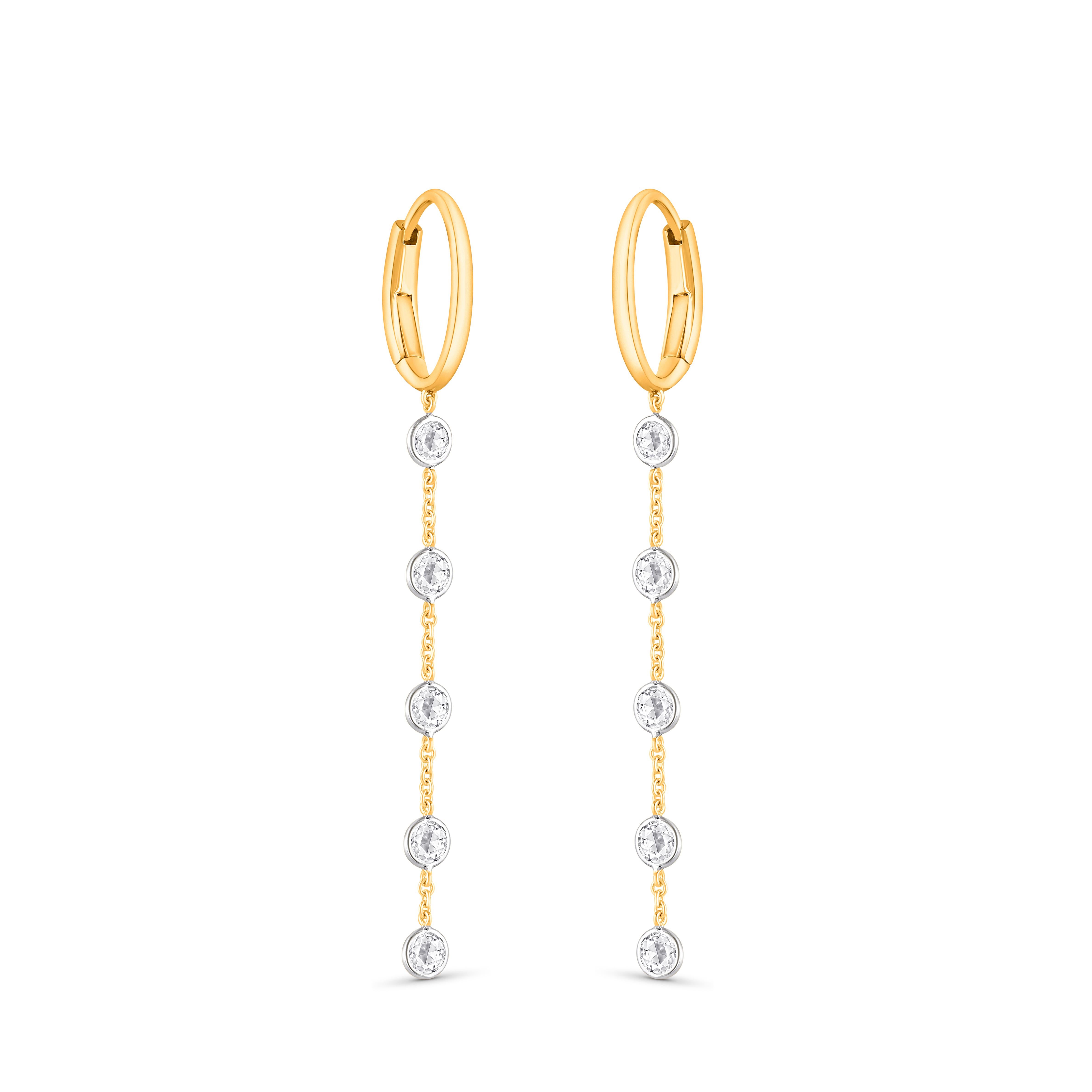 Inspired by the JOY of experiencing a gushing waterfall, these elegantly designed earrings  is studded with 1/2 carats natural rose cut diamonds in a prong setting and beautifully crafted in 18 KT Yellow gold. Our diamonds are graded as F color and