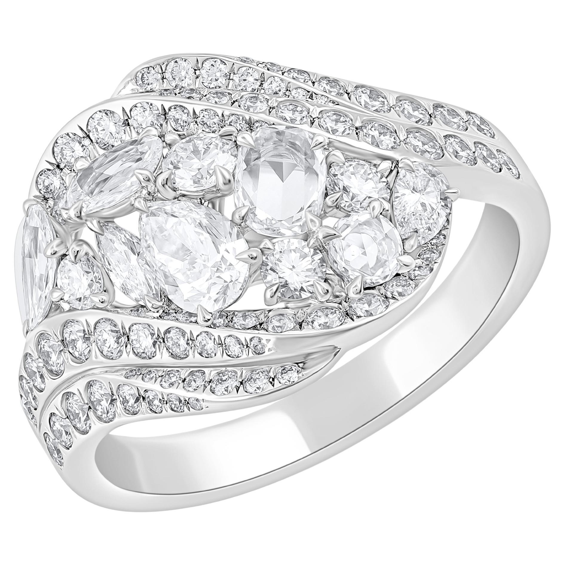 HARAKH 1 5/8 CT Colorless Diamond Cascade Cluster Bypass 18KT White Gold Ring