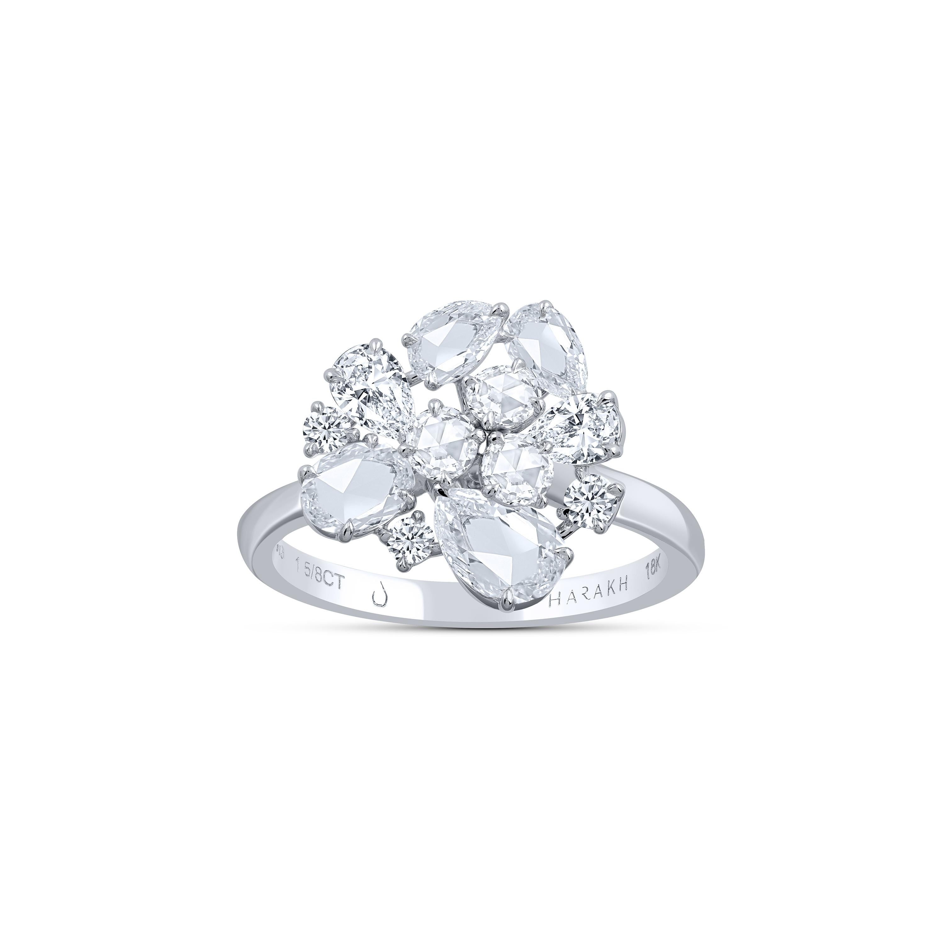 HARAKH 1 5/8 CT Colorless Diamond Cascade Cluster Flower 18 KT White Gold Ring (Zeitgenössisch) im Angebot