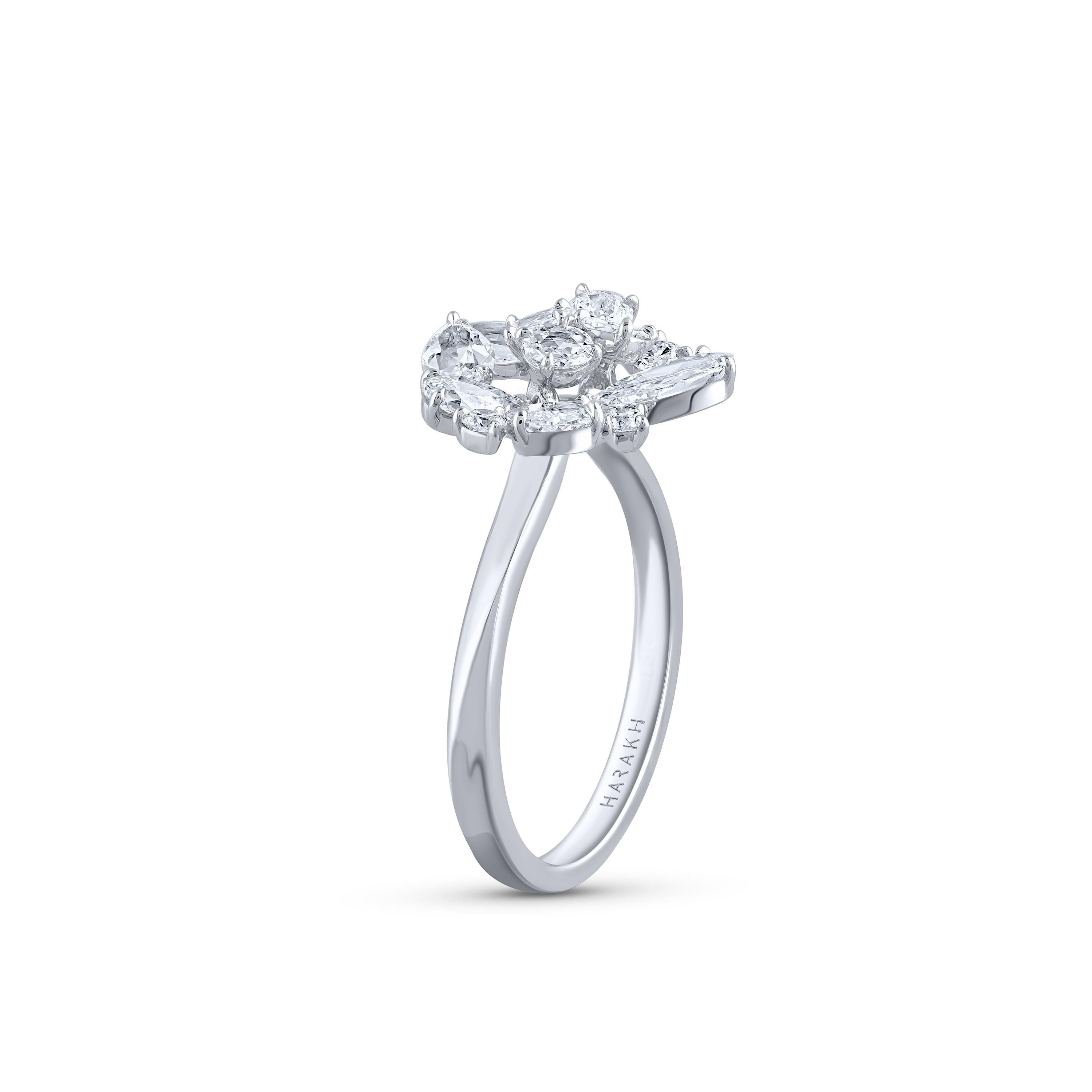 HARAKH 1 5/8 CT Colorless Diamond Cascade Cluster Flower 18 KT White Gold Ring (Brillantschliff) im Angebot