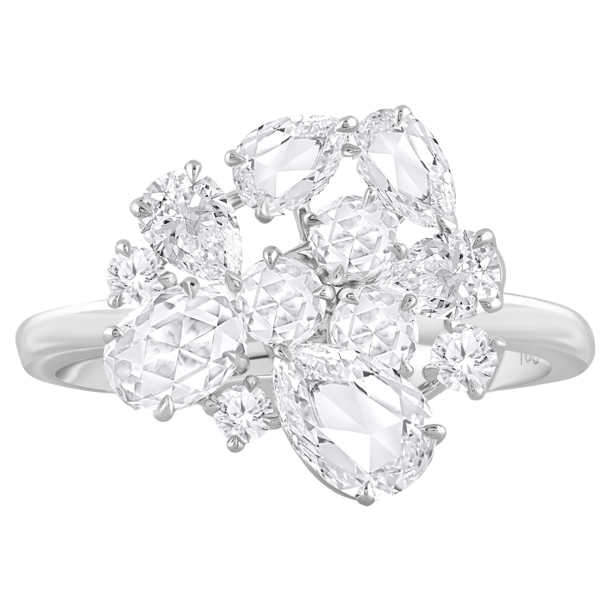 HARAKH 1 5/8 CT Colorless Diamond Cascade Cluster Flower 18 KT White Gold Ring