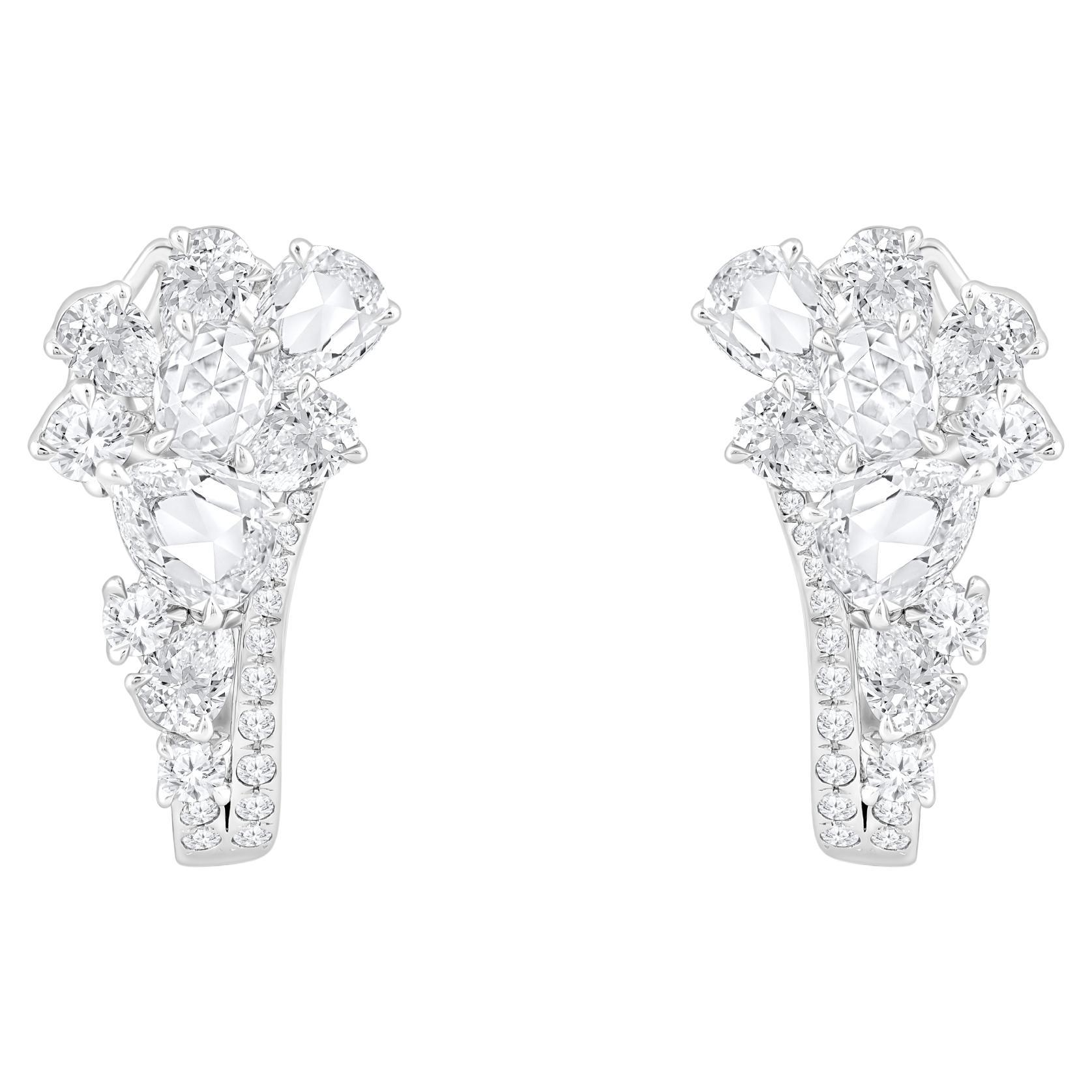 Harakh 1 5/8 CT Natural Colorless Diamond Cascade 18KT White Gold Hoop Ears en vente