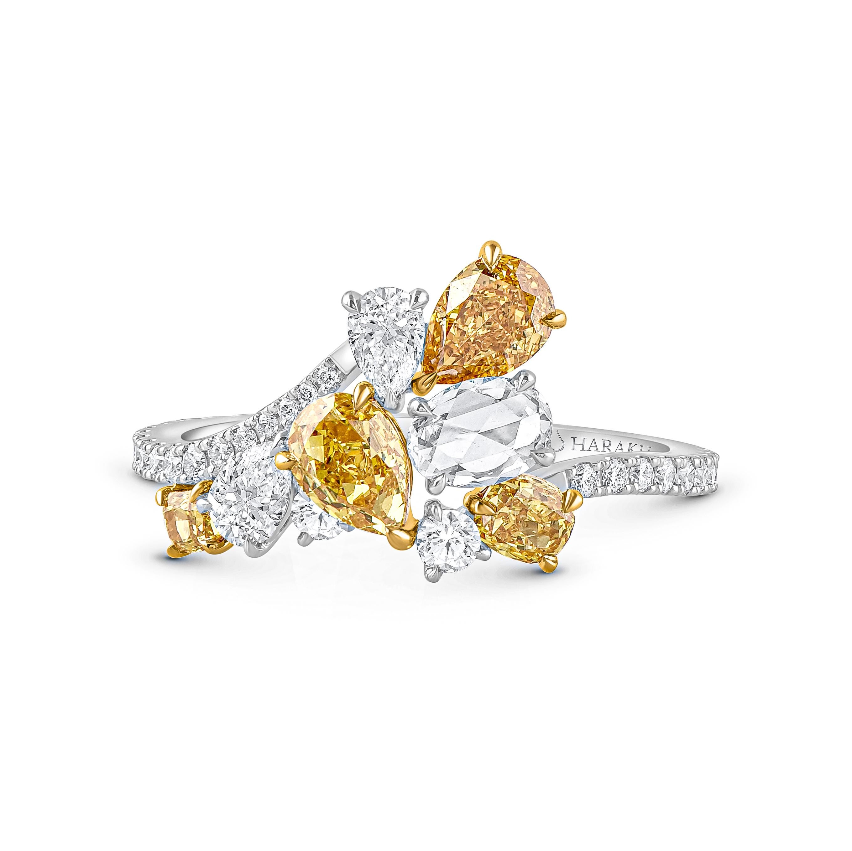 Dieser exquisite und elegante Ring aus der Collection'S Cascade wurde von der Freude an einem rauschenden Wasserfall inspiriert und ist mit 2 Diamanten im Birnenschliff, 1 ovalen Diamanten im Rosenschliff, 30 Diamanten im Brillant- und