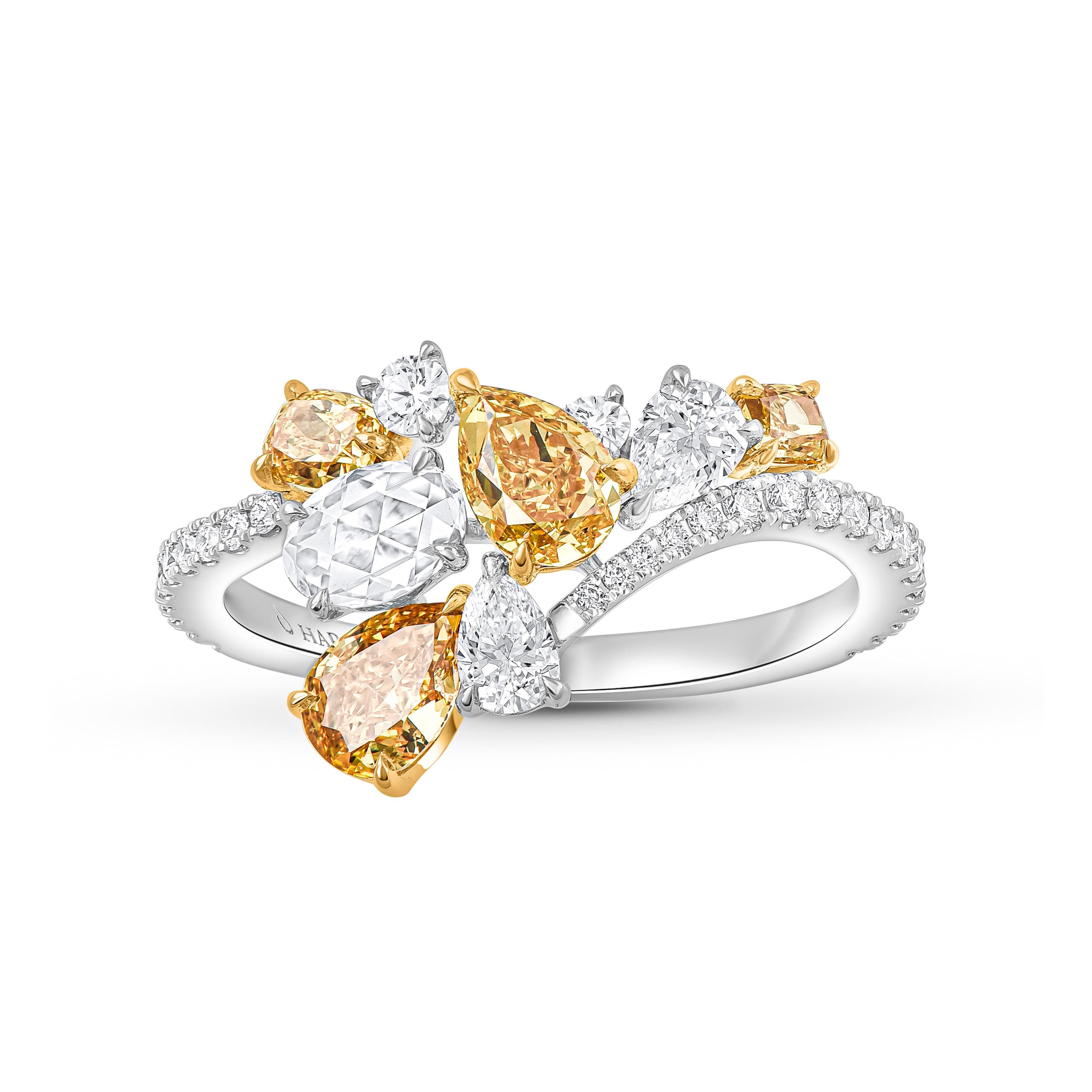 Harakh 1 7/8 CT Brillant-Schliff Natürlicher Farbloser & Gelber Diamant Cascade Ring (Zeitgenössisch) im Angebot