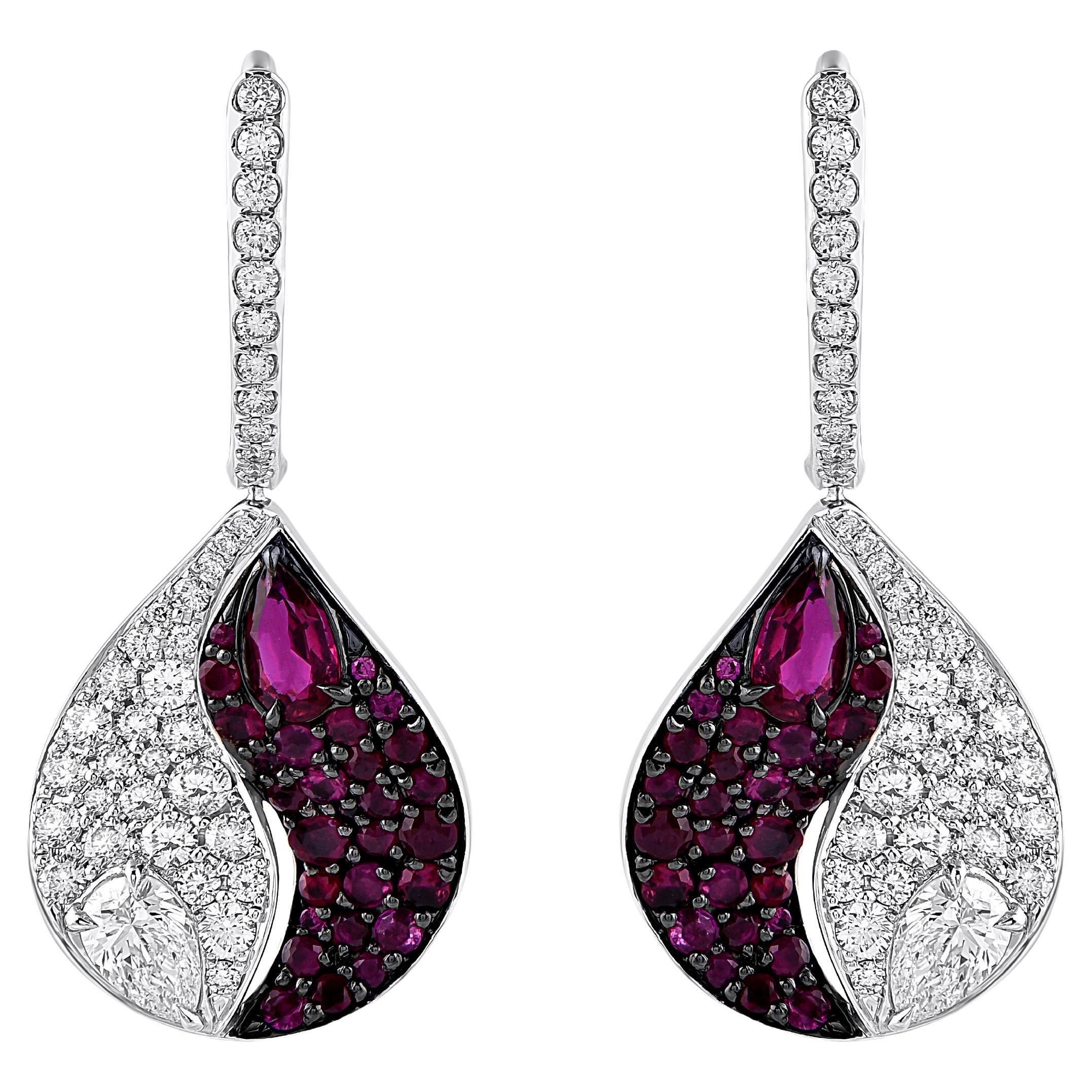 HARAKH 1.00 CT Natural Colorless Diamond Brilliant Cut Ruby Drop Earrings