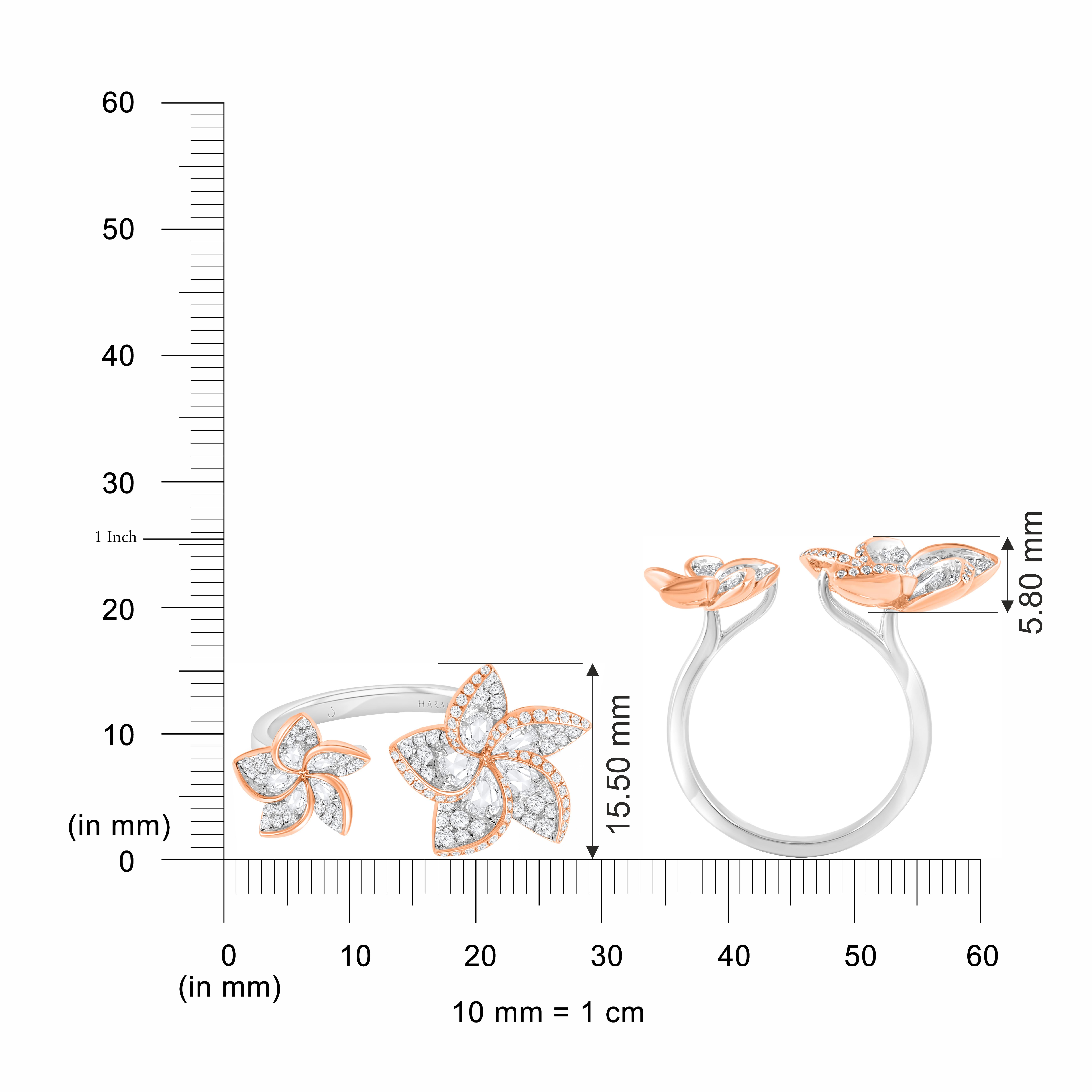 Round Cut Harakh 1 Carat Colorless Diamond 18 Karat Gold Frangipani Floral Engagement Ring For Sale