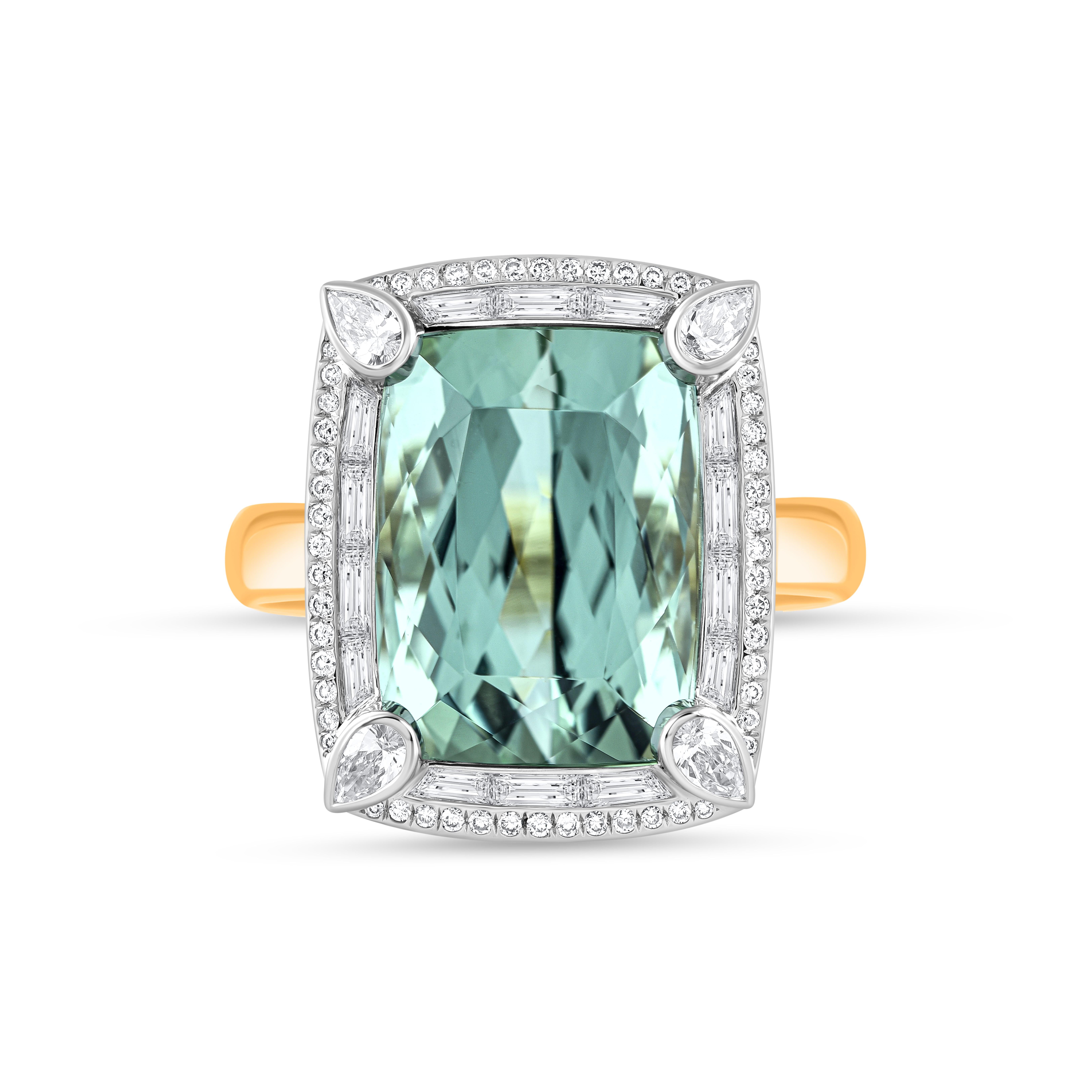 Inspired by the journey of the sun’s rays traveling through space and time to brighten our world, this ring is studded with colorless natural diamonds, baguette diamonds, and natural green tourmaline.

Crafted in 18-karat white and yellow gold, this