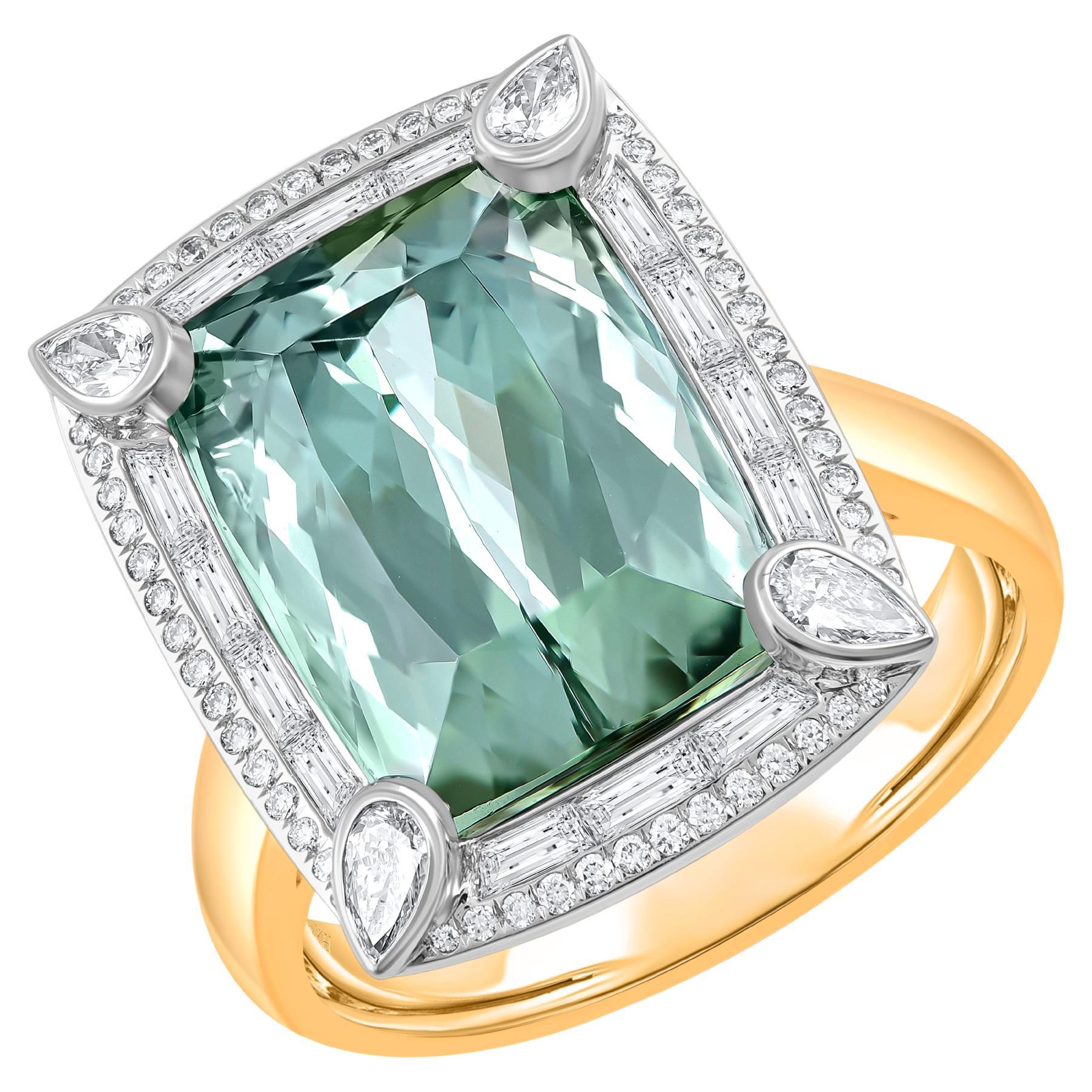 HARAKH 1 Ct Colorless Diamond & Green Tourmaline Sunlight 18k Gold Ring For Sale