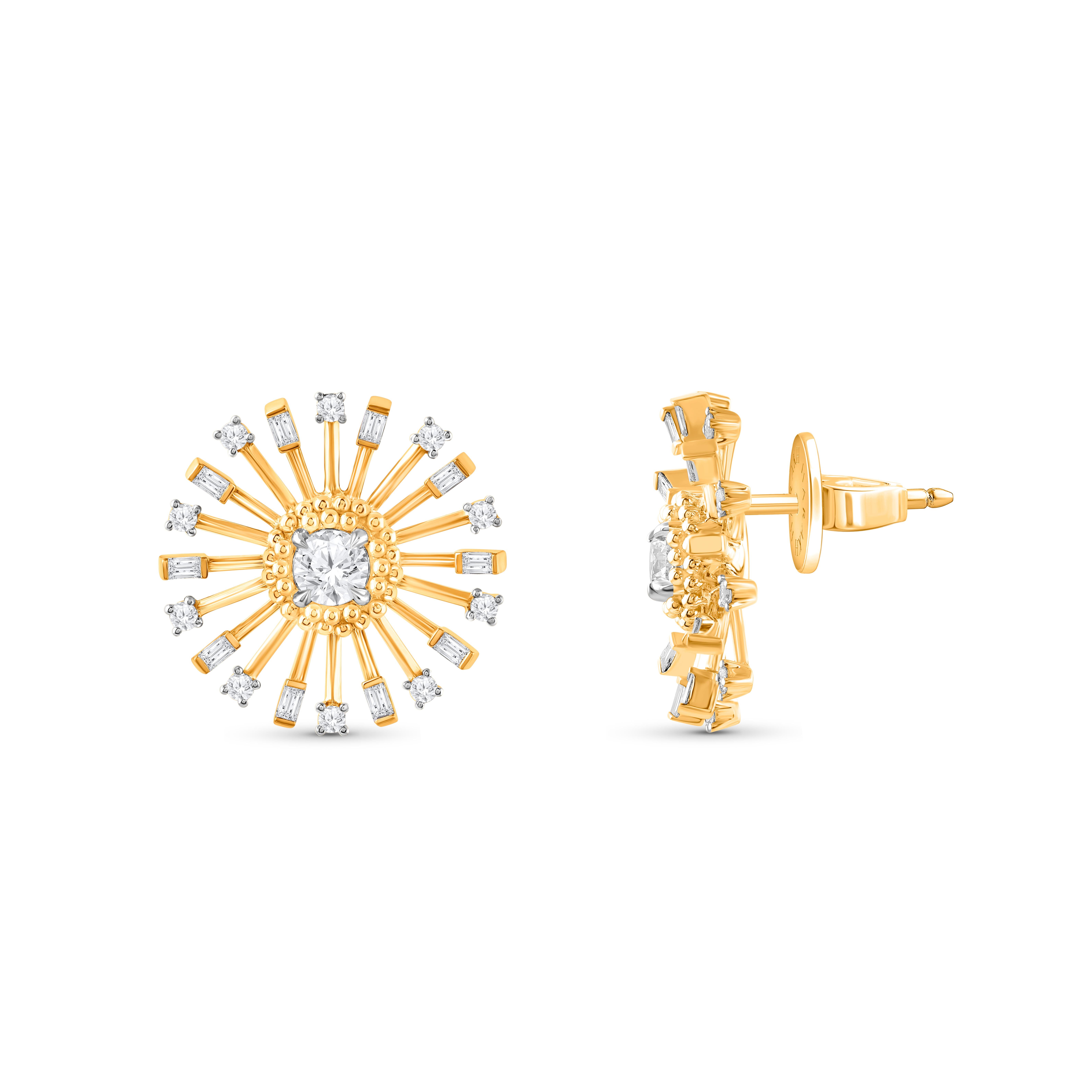 Inspired by the journey of the sun’s rays traveling through space and time to brighten our world, brilliant cut round and custom cut baguette diamonds are set in 18 karat yellow gold. An artisanal form of embroidery known as pota is recreated