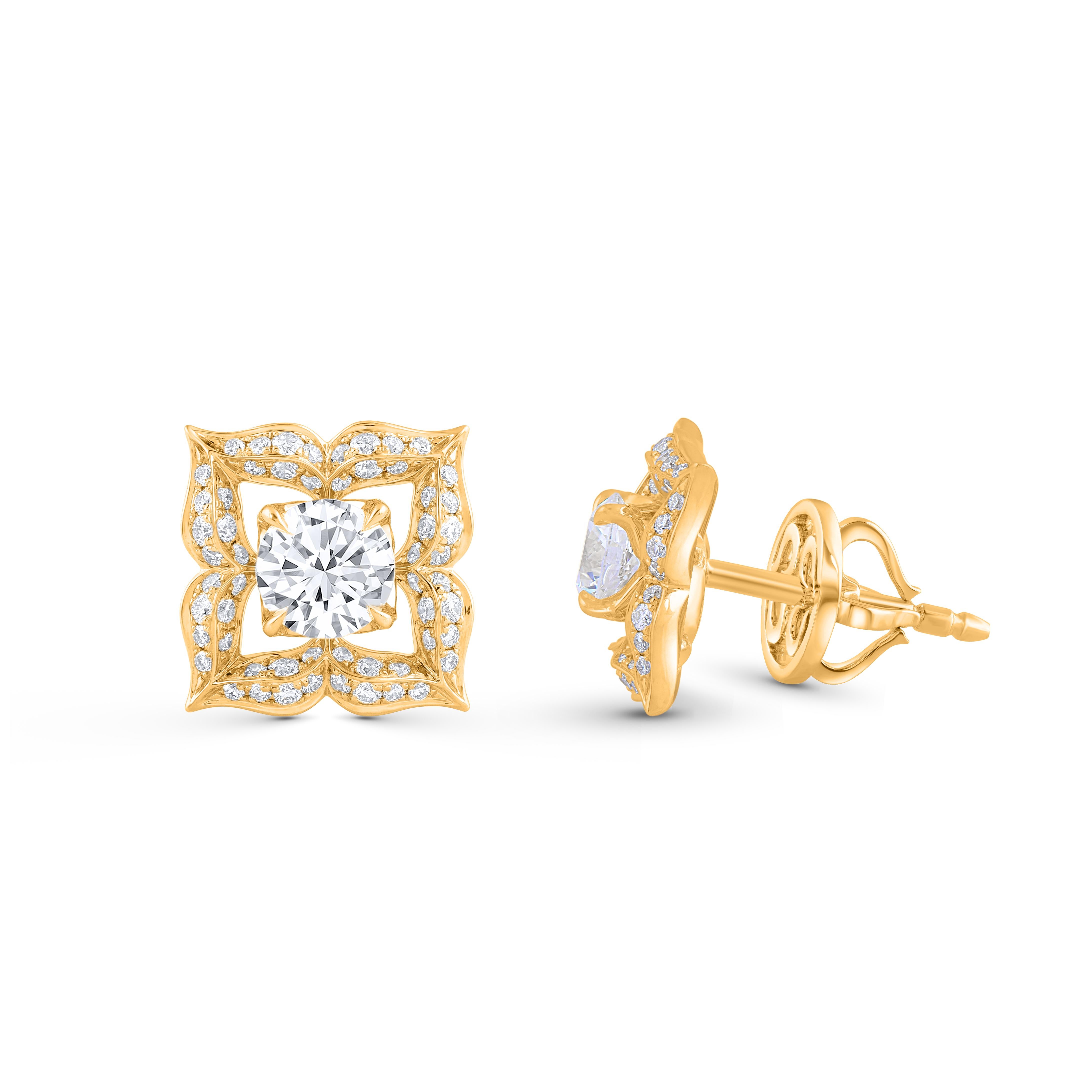 These beautiful earrings are studded with 114 brilliant cut round diamonds. The total diamond weight of these diamond earrings is 0.45 carats. All the diamonds are D-F color, IF-VS clarity. The yellow gold stud earrings will come along with a 