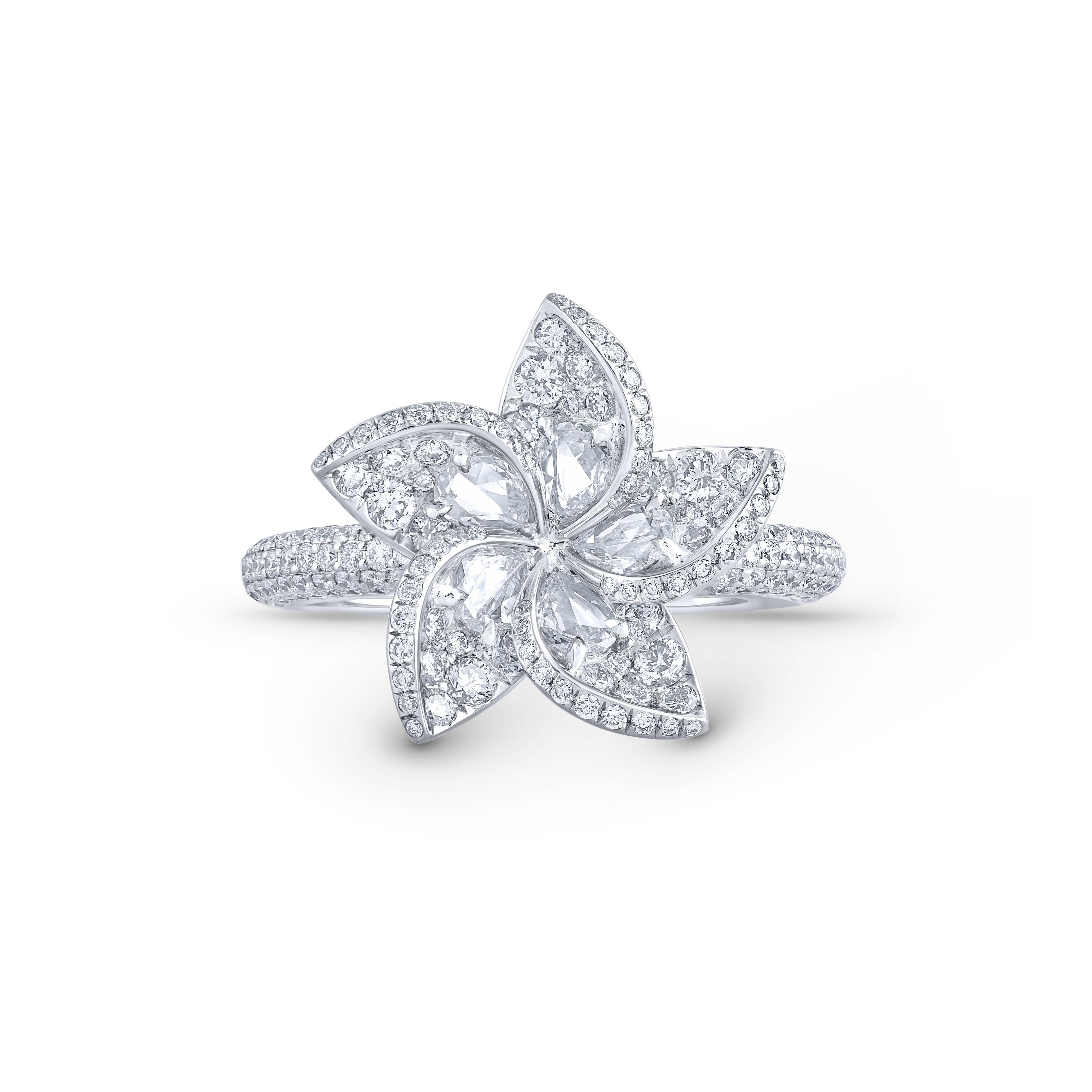 This beautiful floral ring features shimmering pear rose cut diamonds and brilliant round in pave setting resembling petals, with a diamond studded shank crafted in 18 karat white gold.

The ring is studded with 226 brilliant cut and 5 rose cut pear