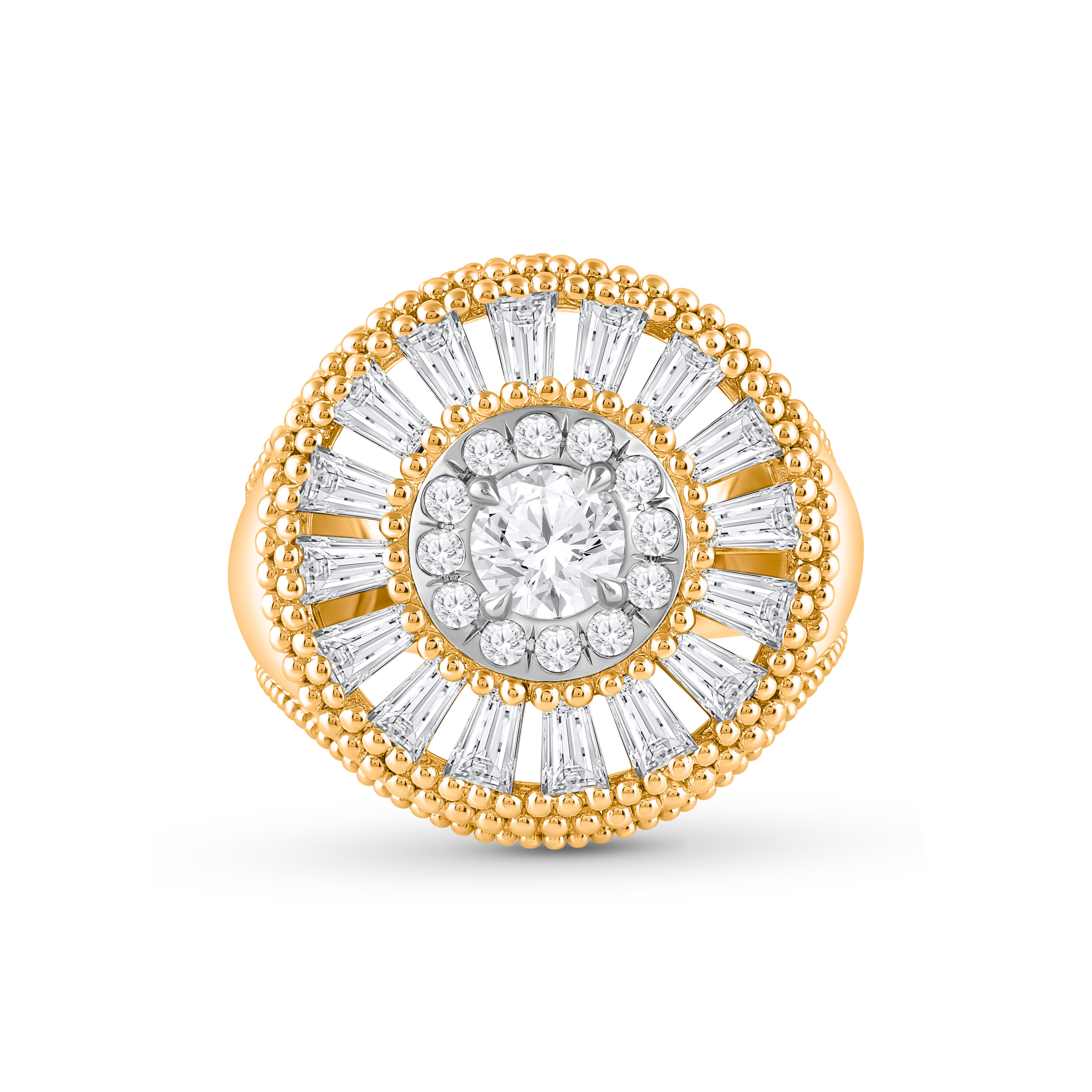 Inspiriert von der Reise der Sonnenstrahlen, die durch Raum und Zeit reisen, um unsere Welt zu erhellen, ist dieser Baguette-Diamantring mit farblosen, natürlichen Baguette-Diamanten besetzt. Eine handwerkliche Form der Stickerei, die als Pota