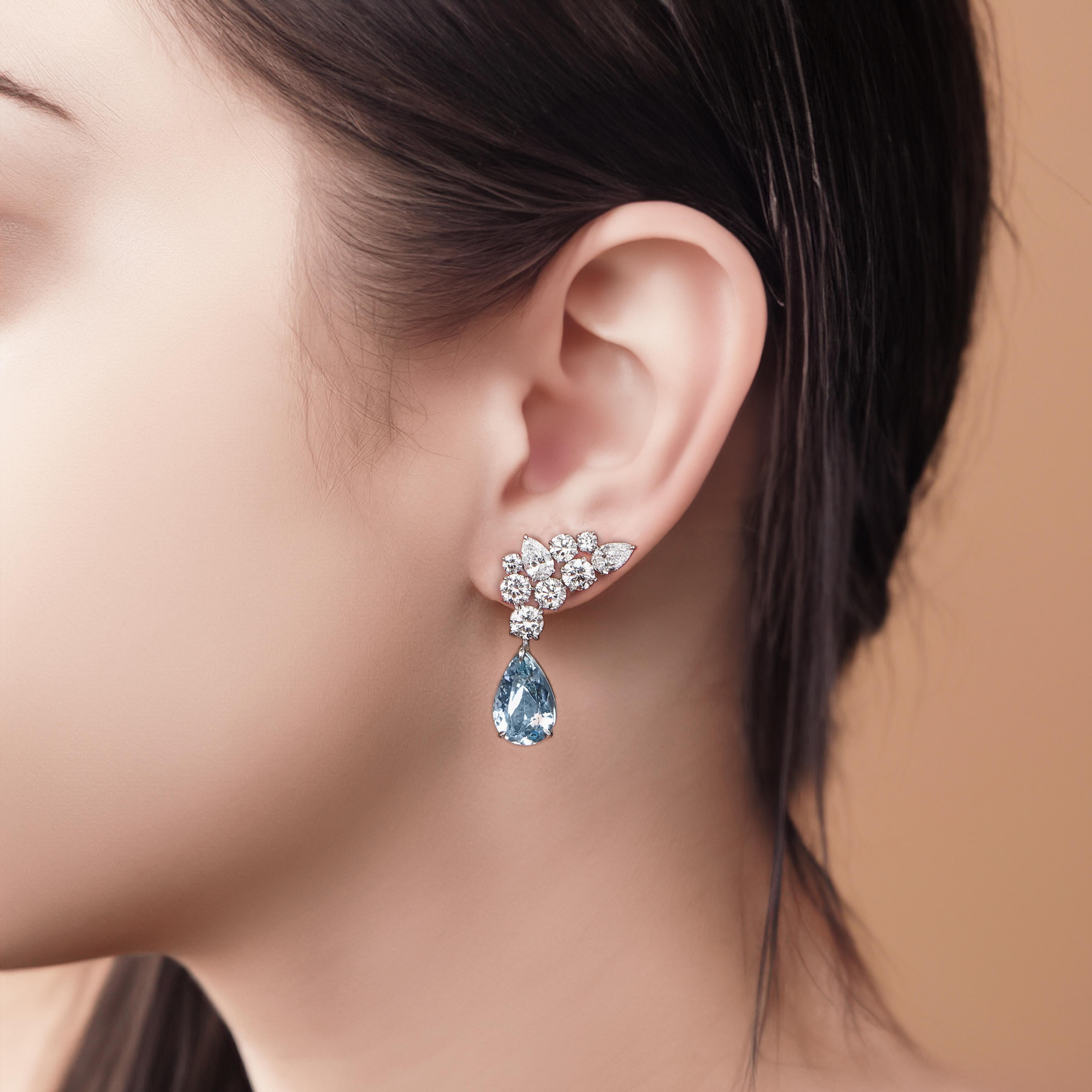HARAKH 5 1/3 CT Natural Colorless Diamond and Aquamarine Gemstone Earrings In New Condition For Sale In New York, NY