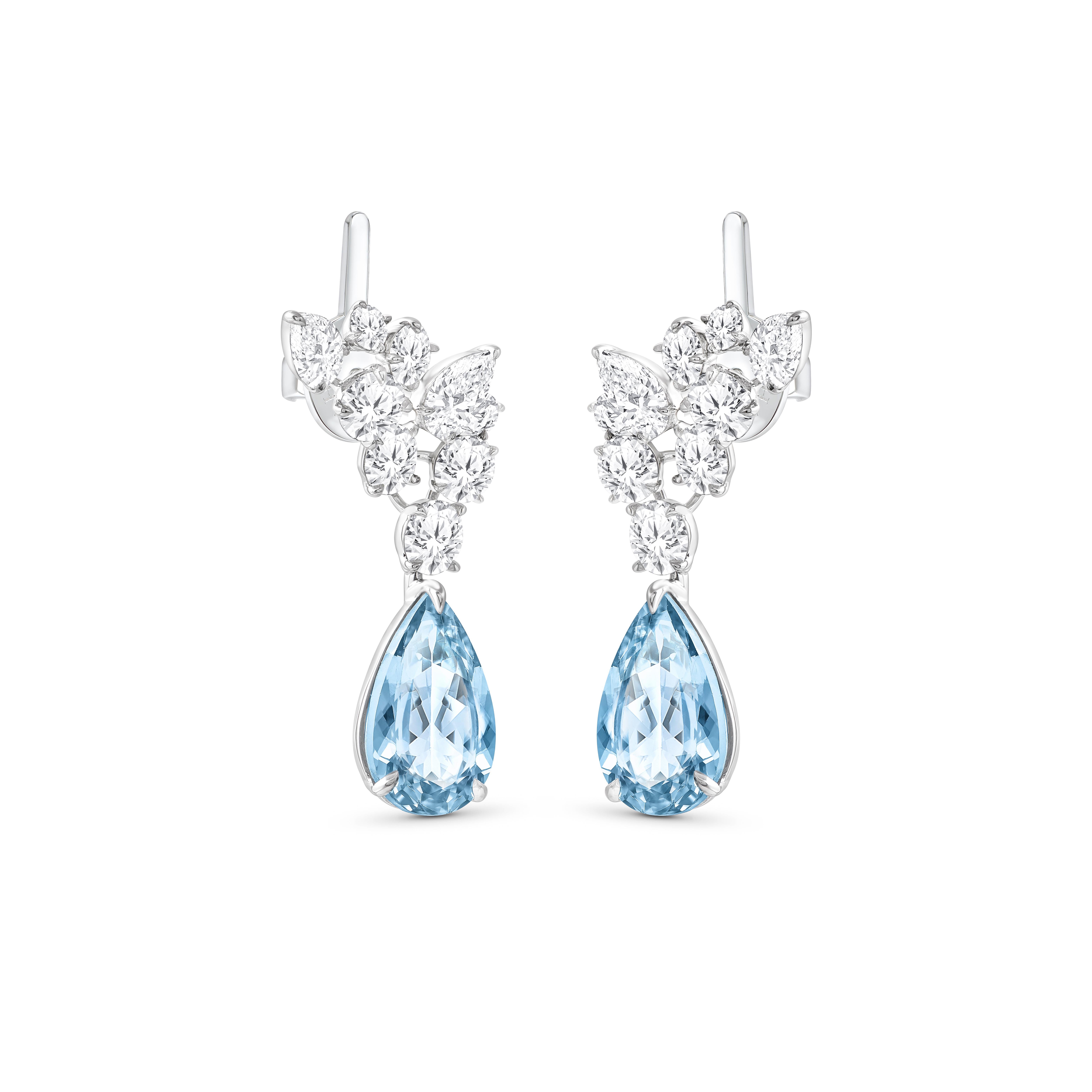 Pear Cut Harakh 5 1/3 Carat Colorless Diamond and Aquamarine Gemstone Earrings For Sale