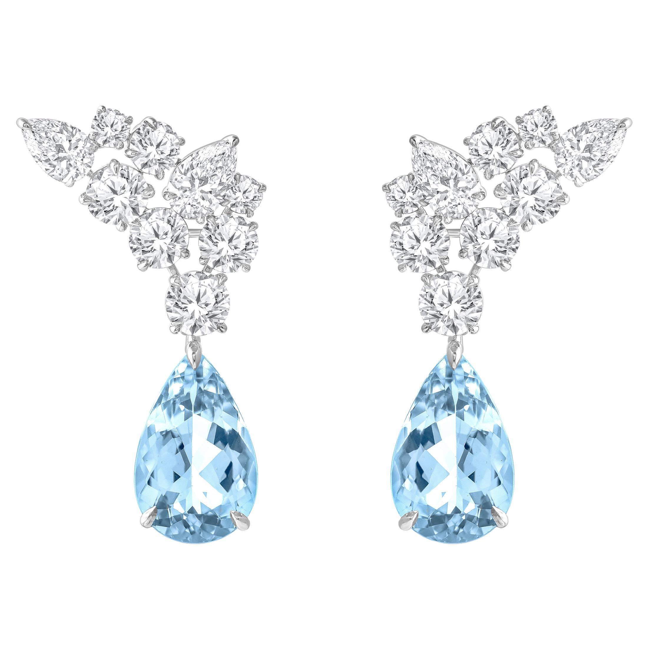 Harakh 5 1/3 Carat Colorless Diamond and Aquamarine Gemstone Earrings For Sale