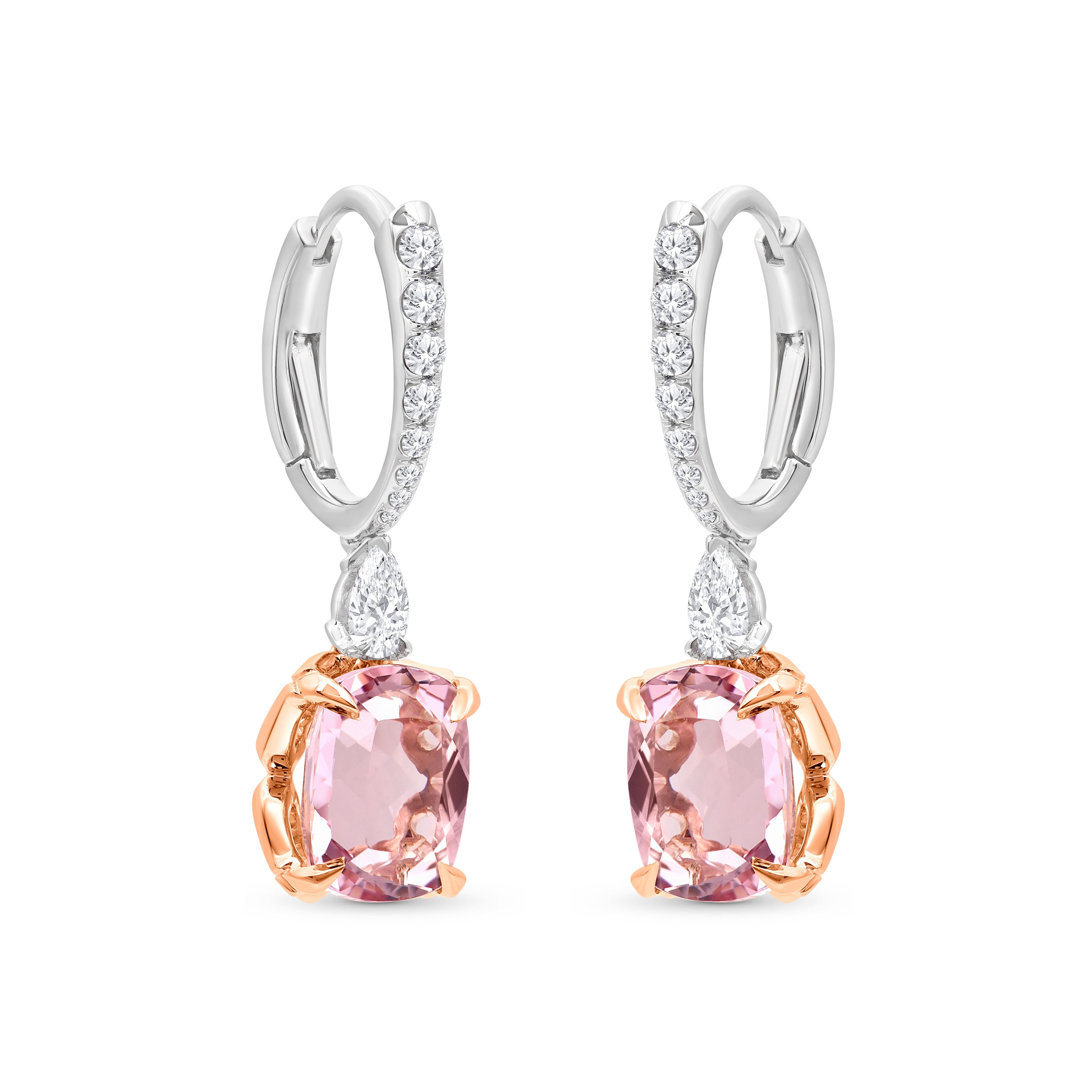 Inspired by the JOY of experiencing a gushing waterfall, these exquisite and elegant dangling earrings from the Cascade Collection are studded with 2  pear-cut diamonds, 16 brilliant round-cut diamonds and 2 cushion-cut morganite dripping