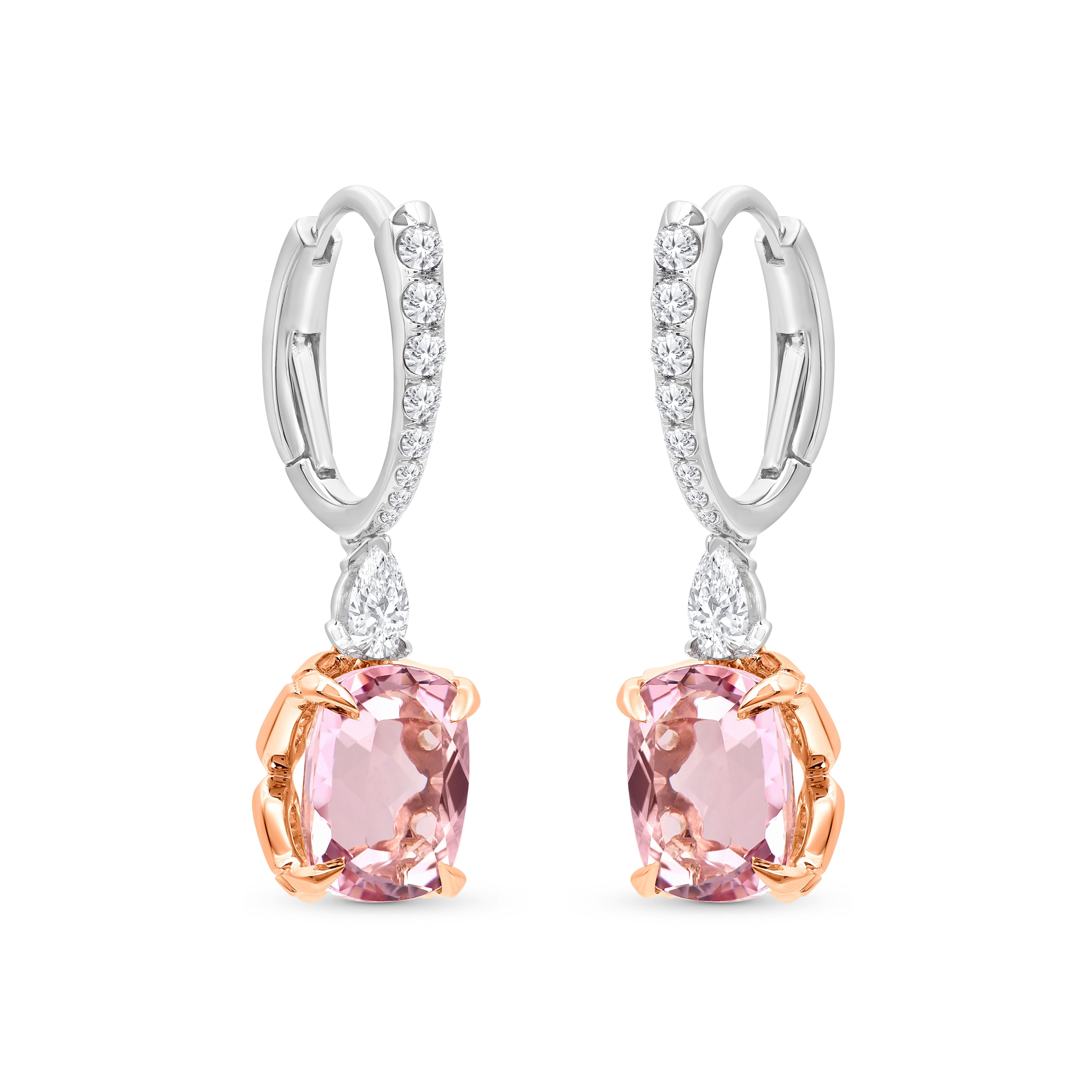 Inspiriert von der Freude, einen rauschenden Wasserfall zu erleben, sind diese exquisiten und eleganten Ohrringe aus der Cascade Collection'S besetzt mit 2  Diamanten im Birnenschliff, 16 Diamanten im Brillantrundschliff und 2 Morganite im